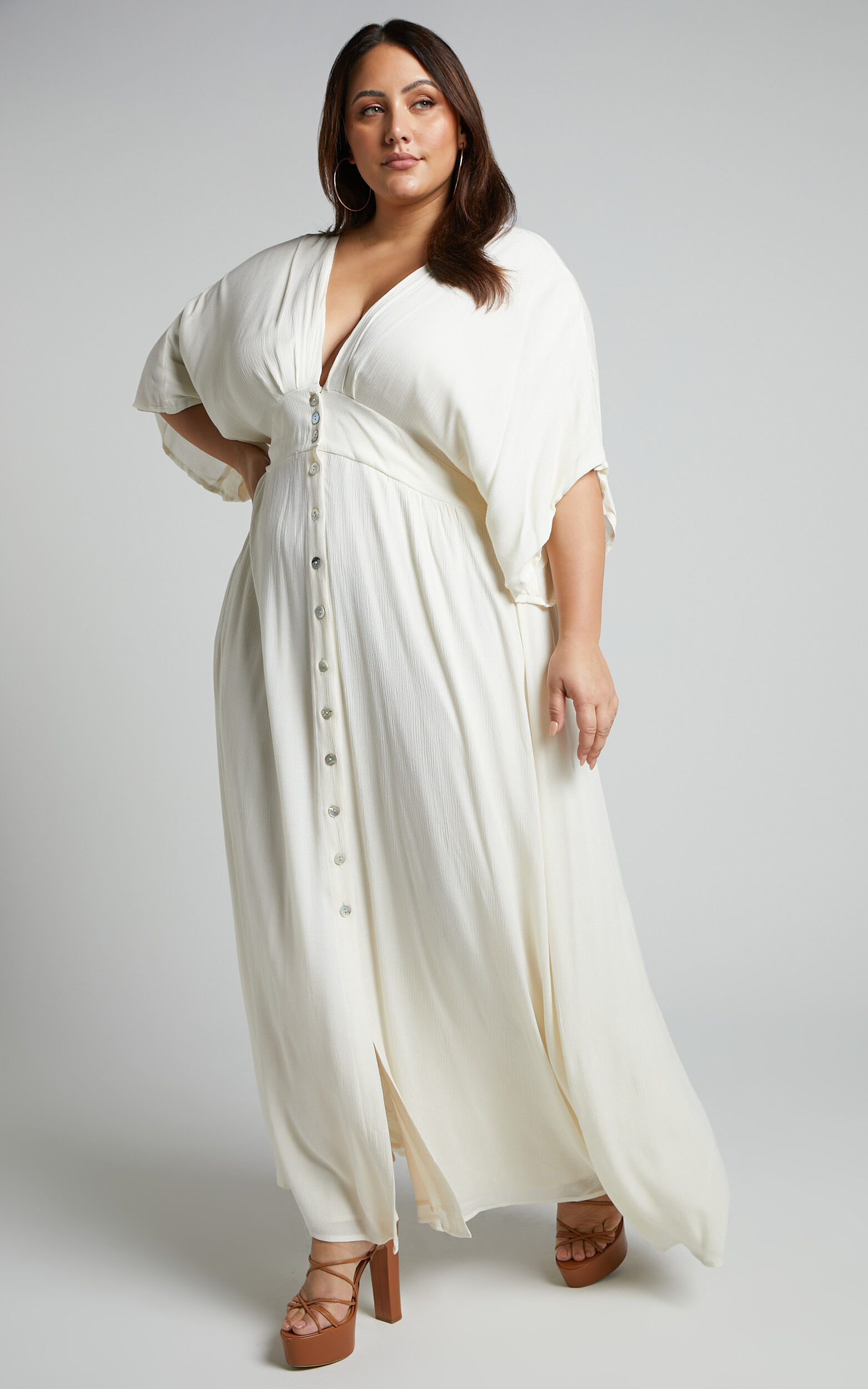 Sitting Pretty Maxi Dress - Short Sleeve Button Down Dress in Natural