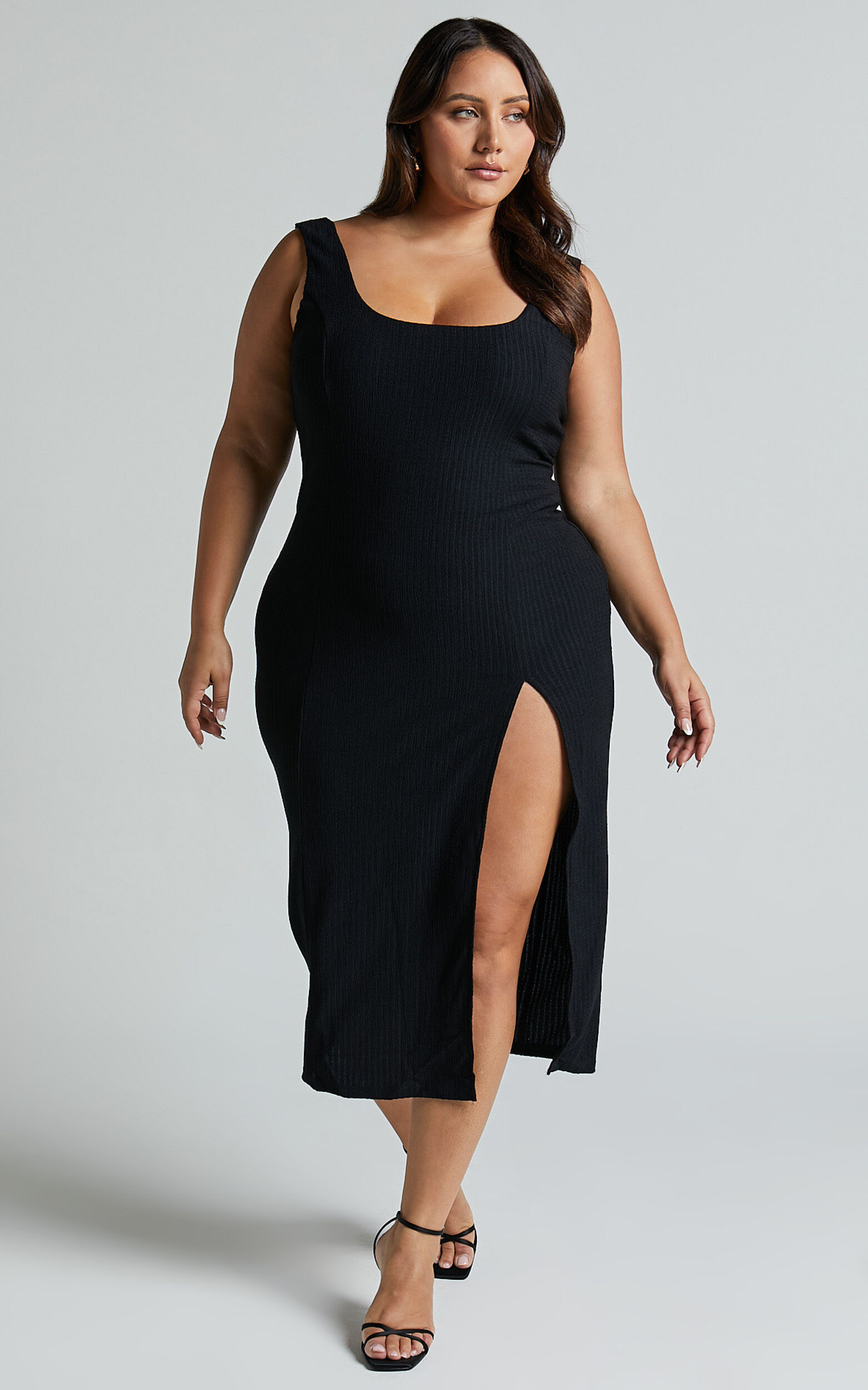 Wilder Midi Dress - Textured Thigh Split Bodycon Dress in Black