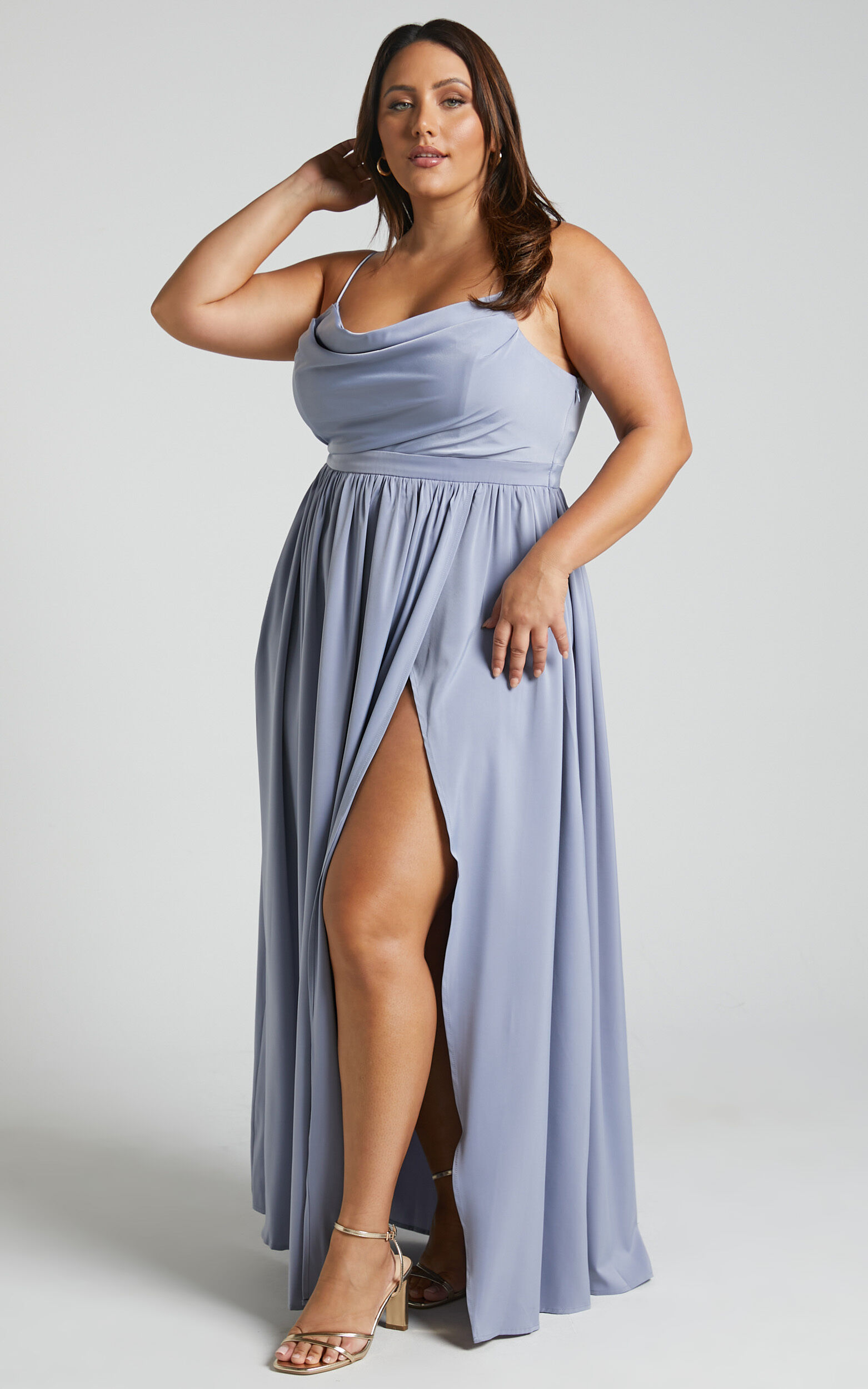 Gemalyn Maxi Dress - Cowl Neck Thigh Split Dress in Sky Blue