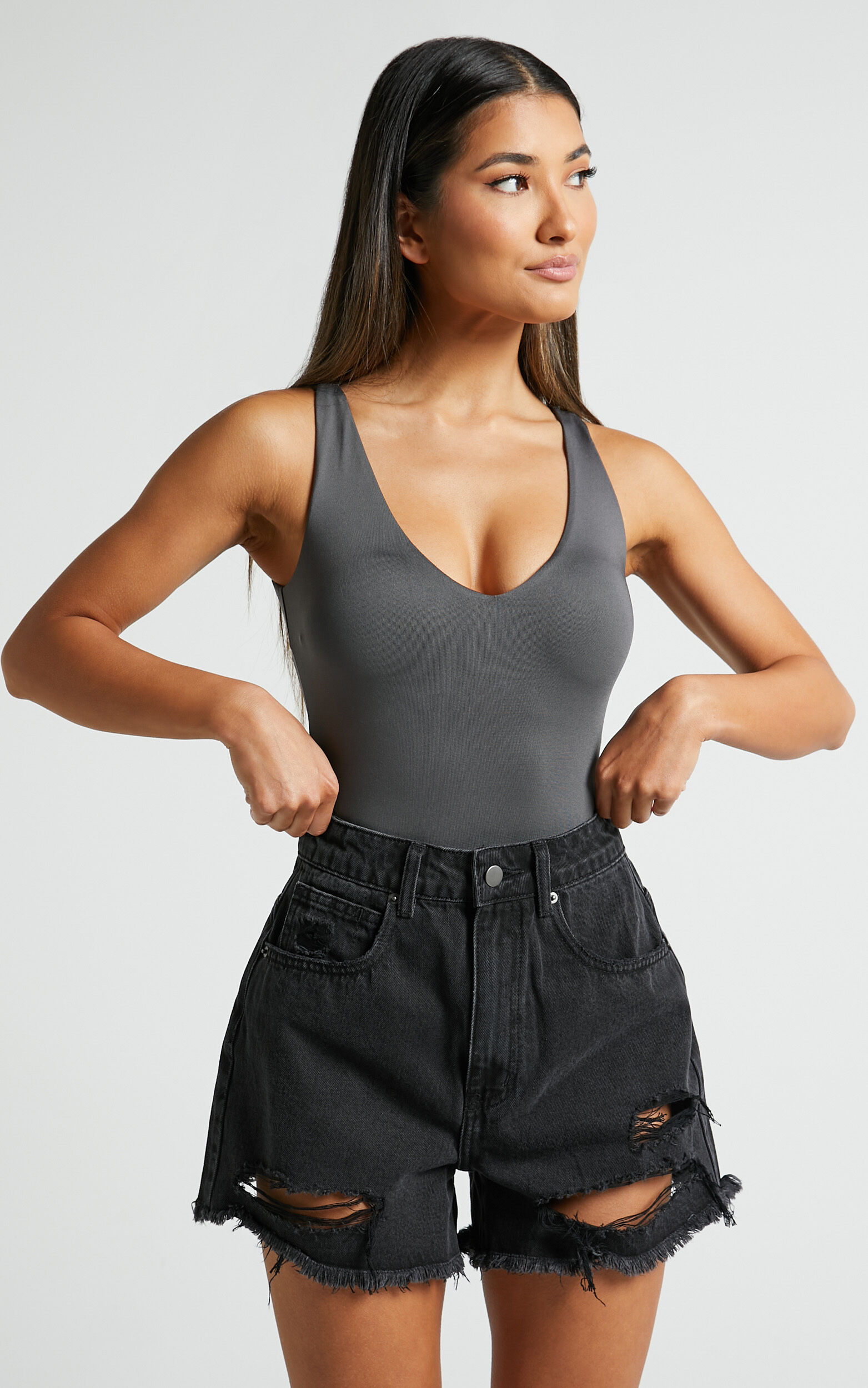 Mindae Shorts - Recycled Cotton Ripped Denim Shorts in Washed Black