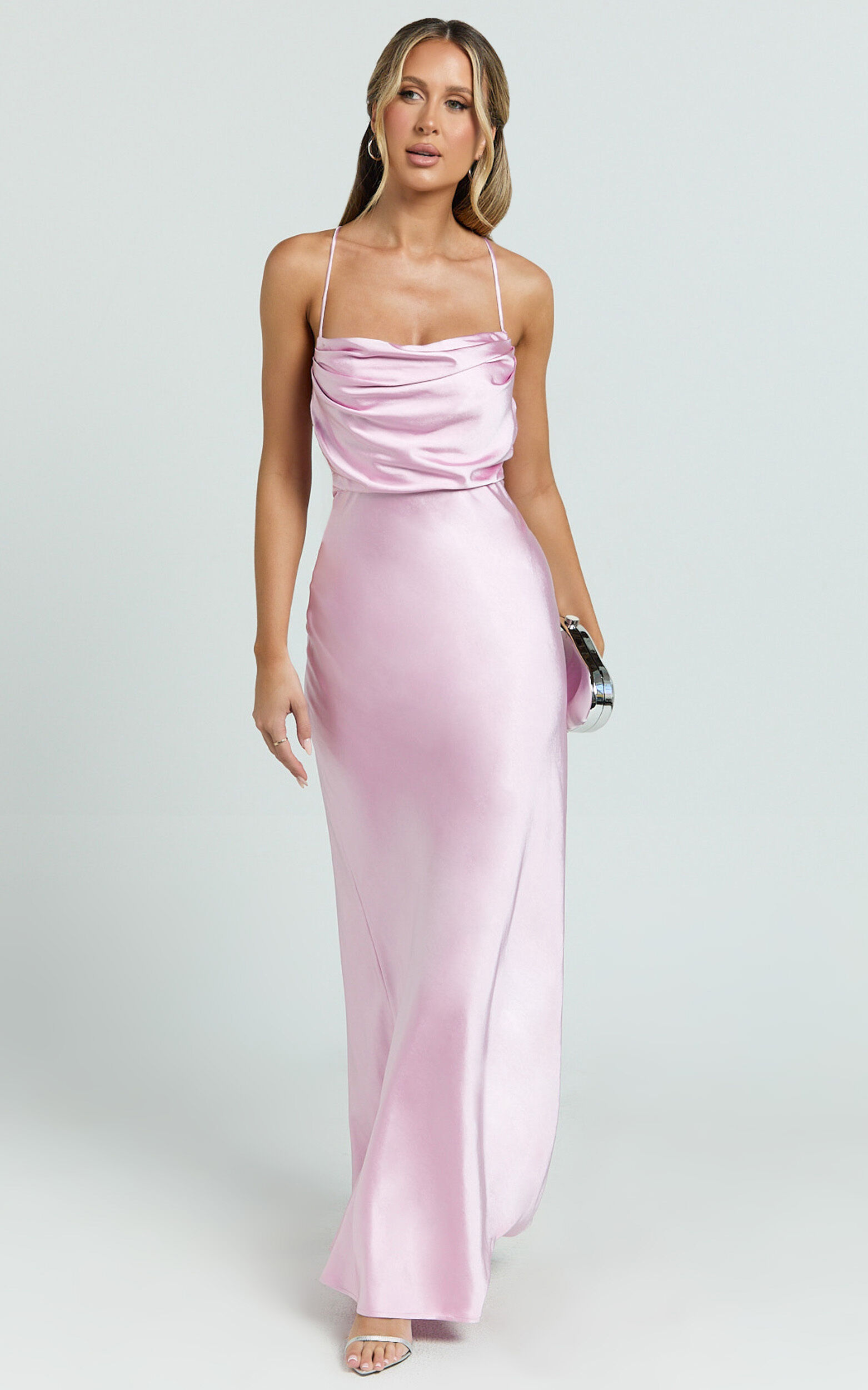 Hanna Maxi Dress - Satin Cowl Neck Low Back Dress in Pink