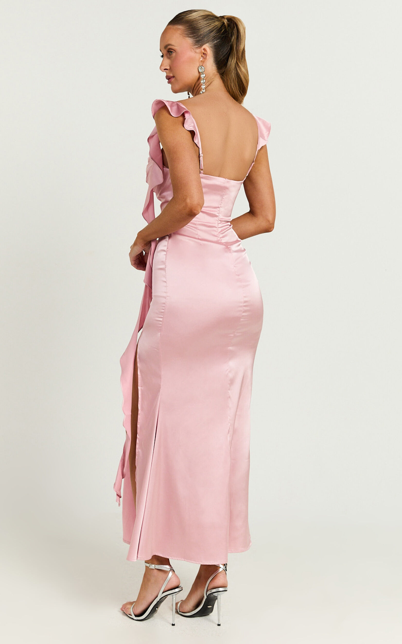 Tony Midi Dress - Frill Front Cowl Neck Dress in Pale Pink
