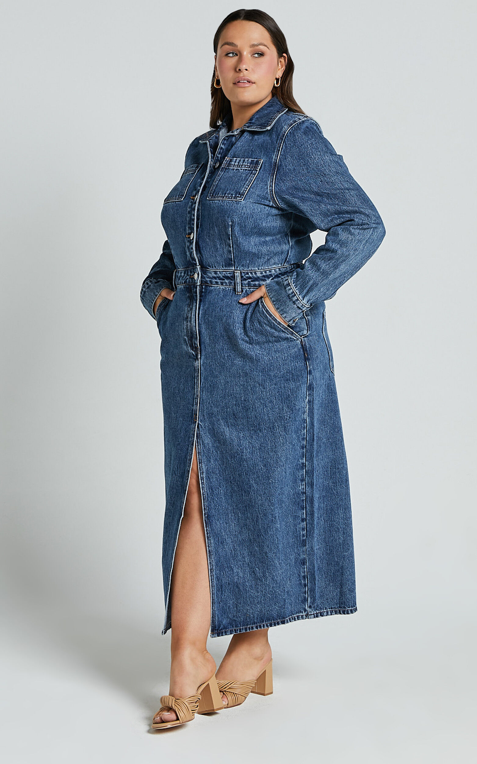 Alison Midi Dress - Long Sleeve Front Split Denim Dress in Mid Blue Wash
