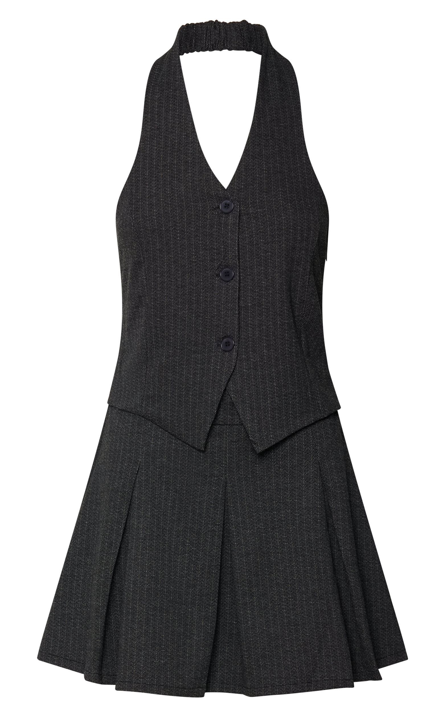 Camille Mini Dress - Halter Neck Vest and Pleated Skirt Mini Dress in Charcoal Pinstripe