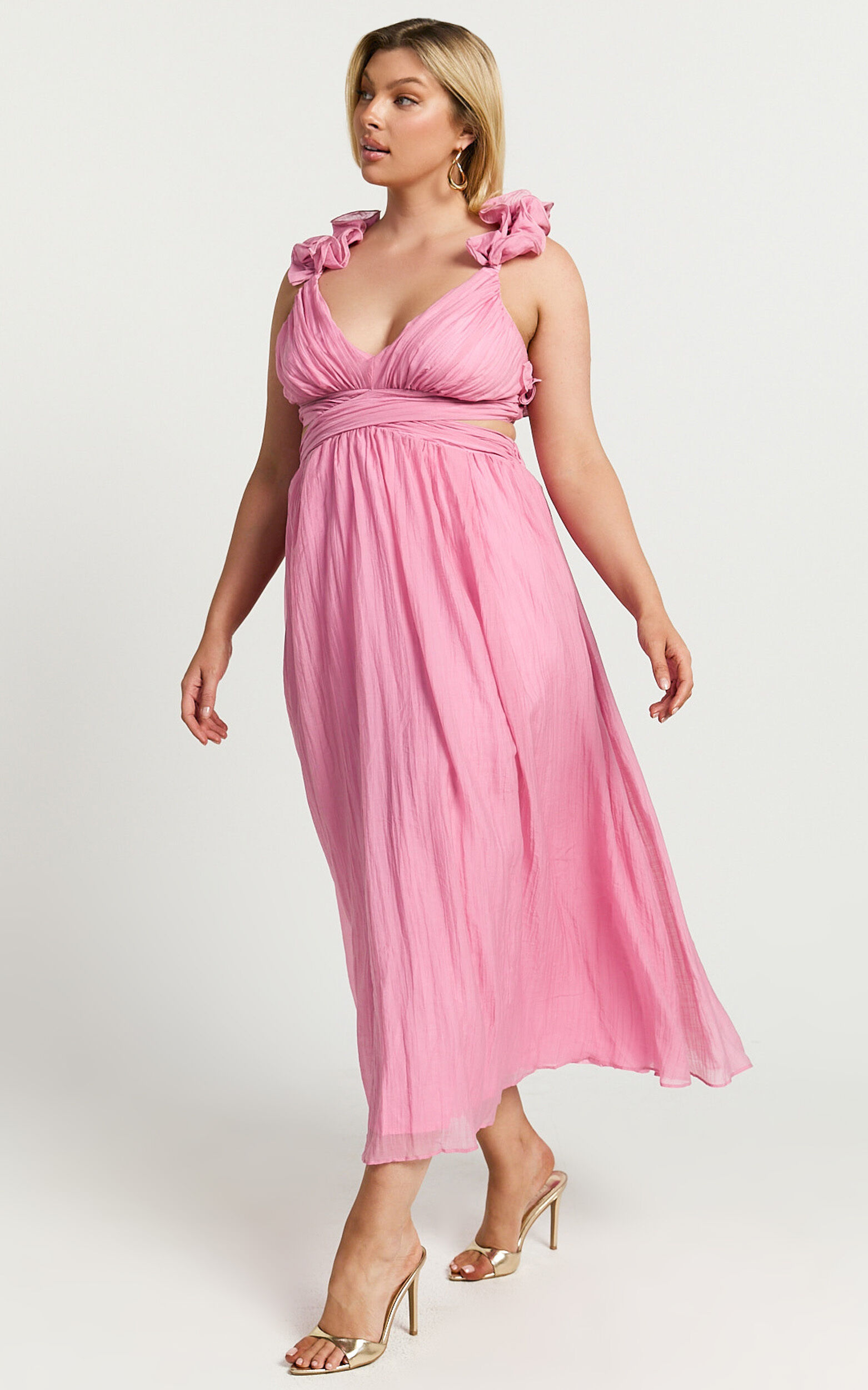 Marielly Midi Dress - Side Cut Out V Neck Ruffle Detail Sleeve Dress in Pink