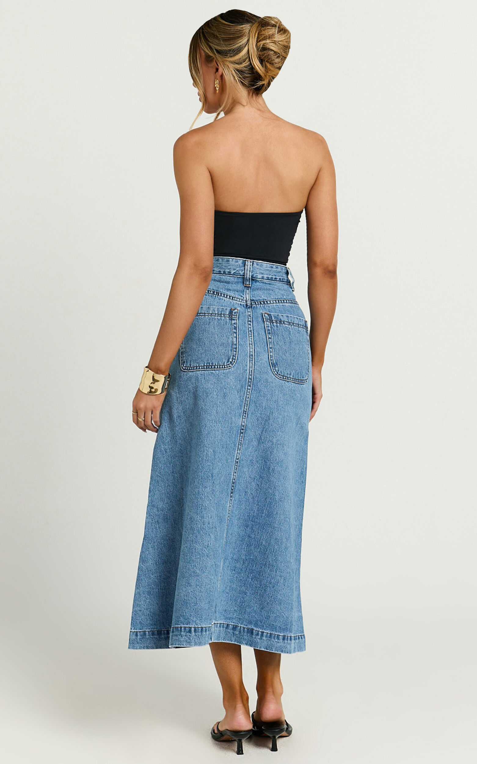Alisa Midi Skirt - Button Through A Line Denim in Mid Blue Wash