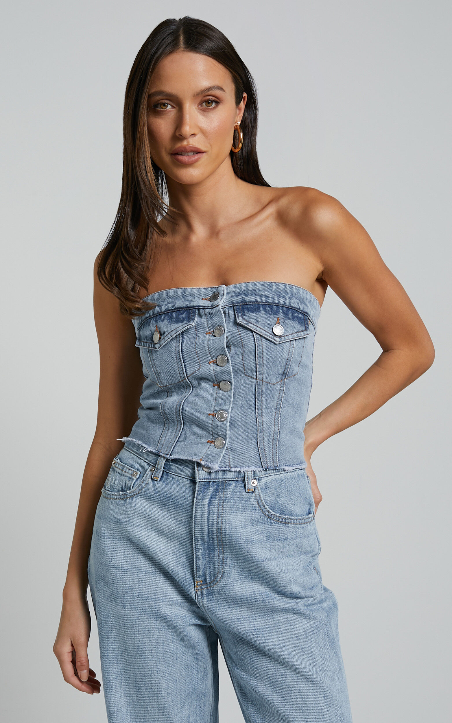 Aubrielle Bustier - Denim Bustier with Pocket Details in Indigo Wash