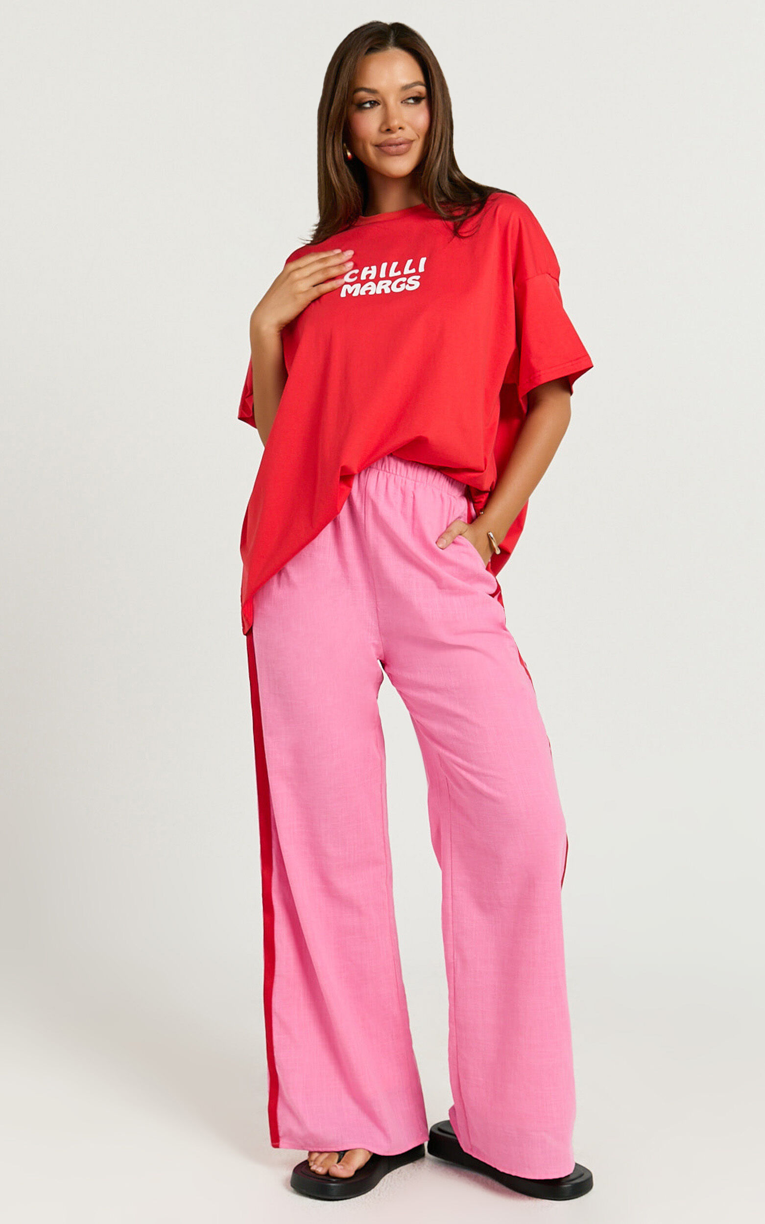 Editha Two Piece Set - Chilli Margs Oversized Tee and Stripe Pant Set in Red/Pink