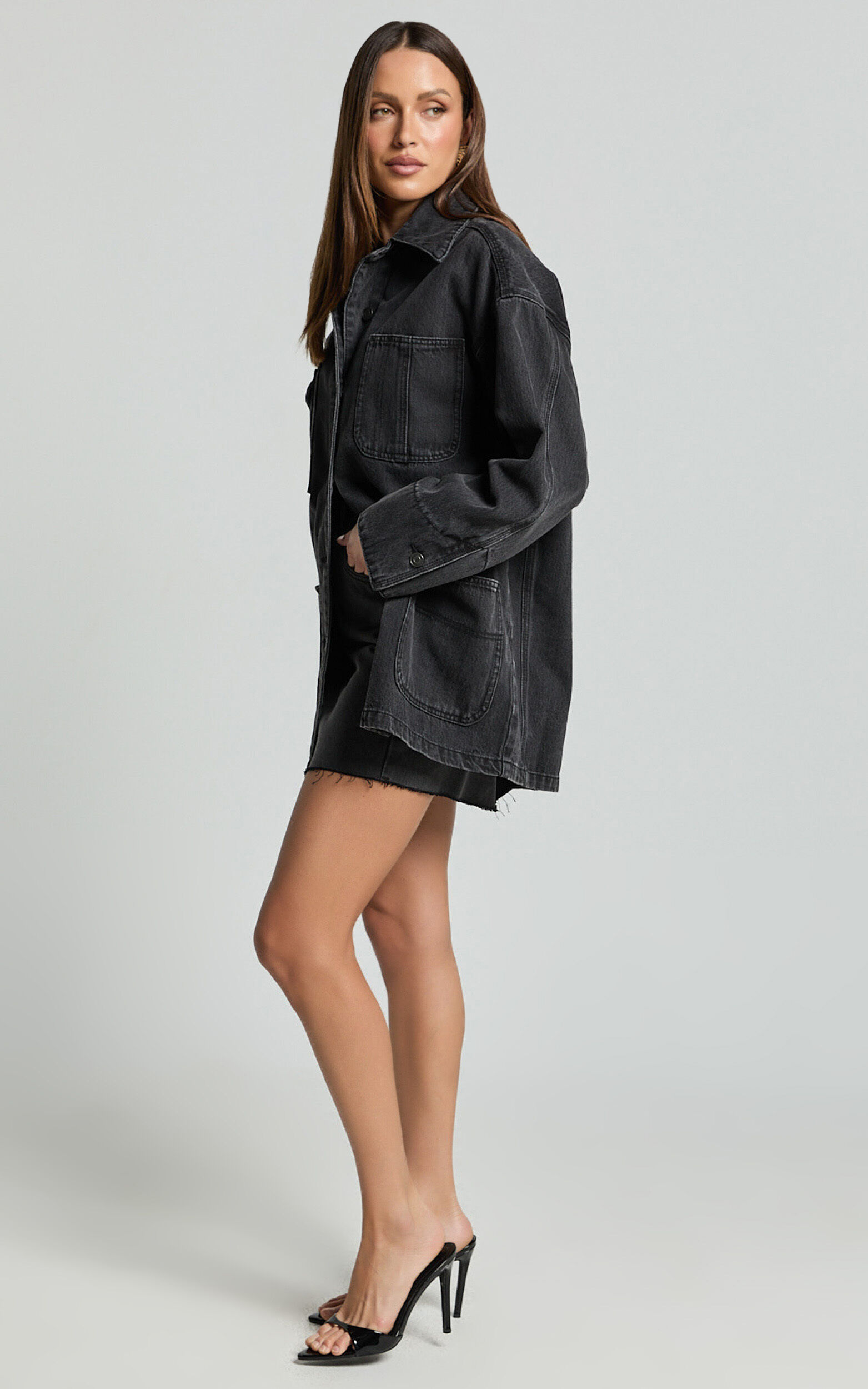 Harlow Jacket - Oversized Long Sleeve Denim Jacket in Black Wash