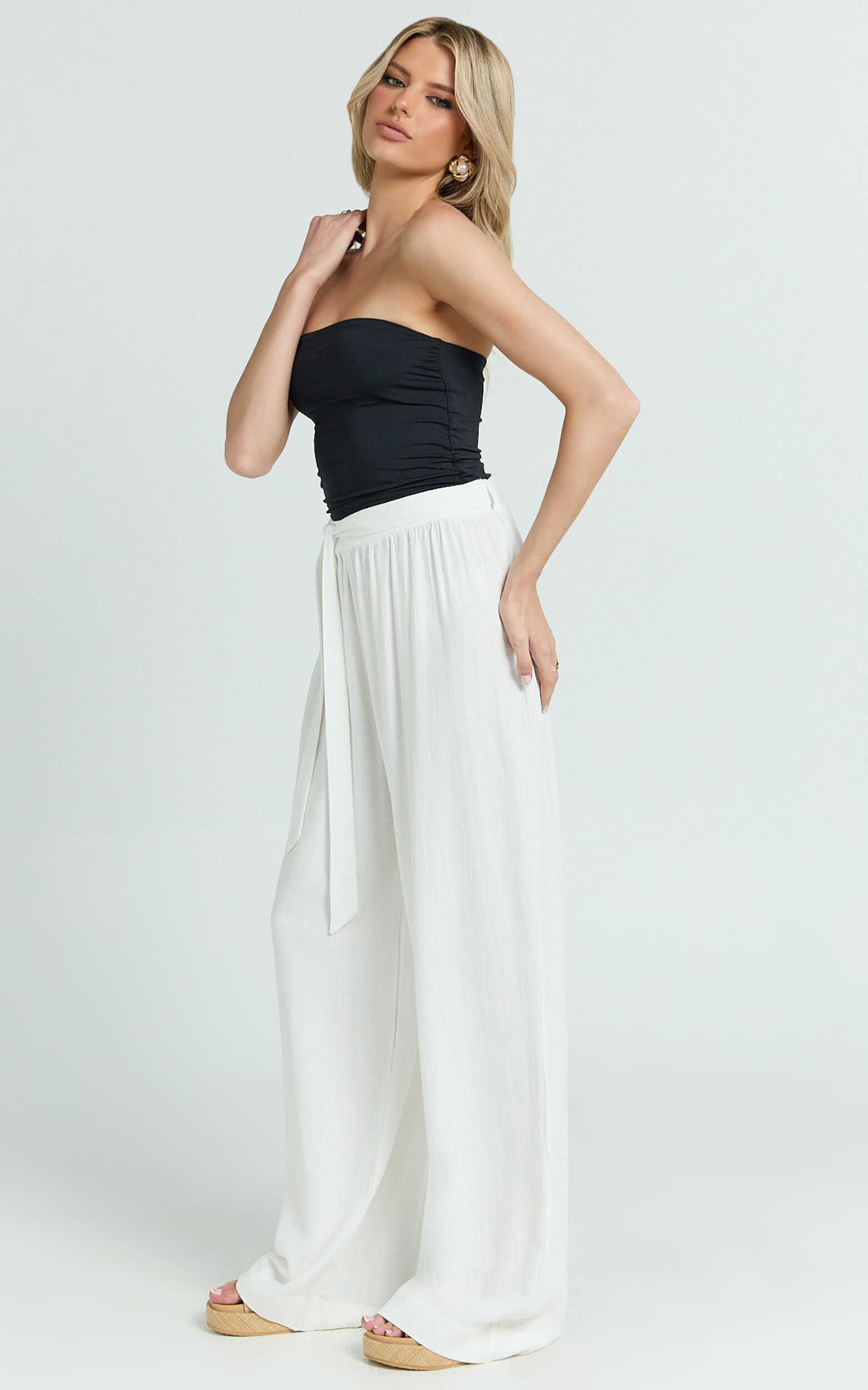 Kalli Pants - Linen Look Belted Wide Leg Relaxed Pants in White