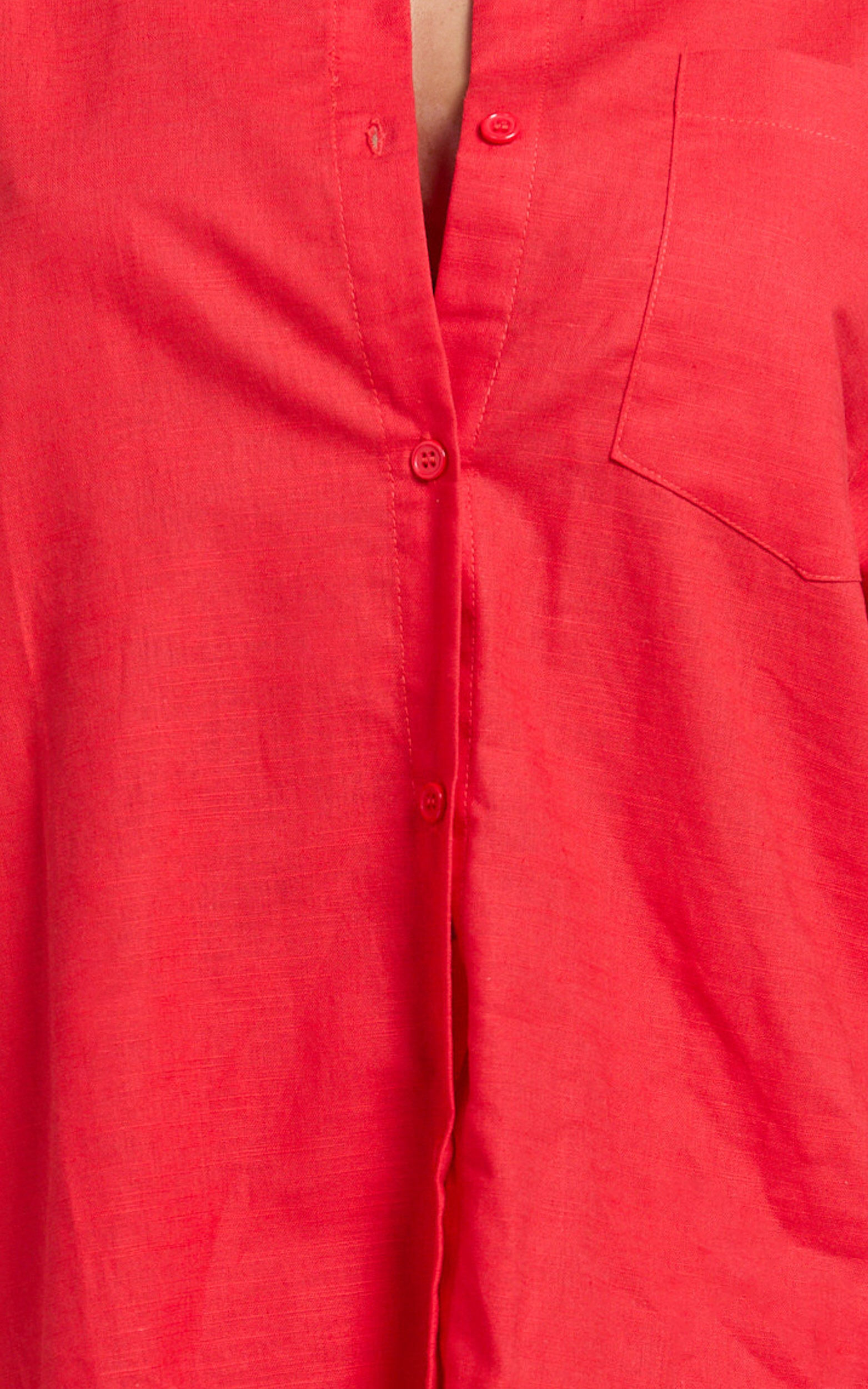 Anziel Top - Oversized Long Sleeve Linen Blend Shirt in Red