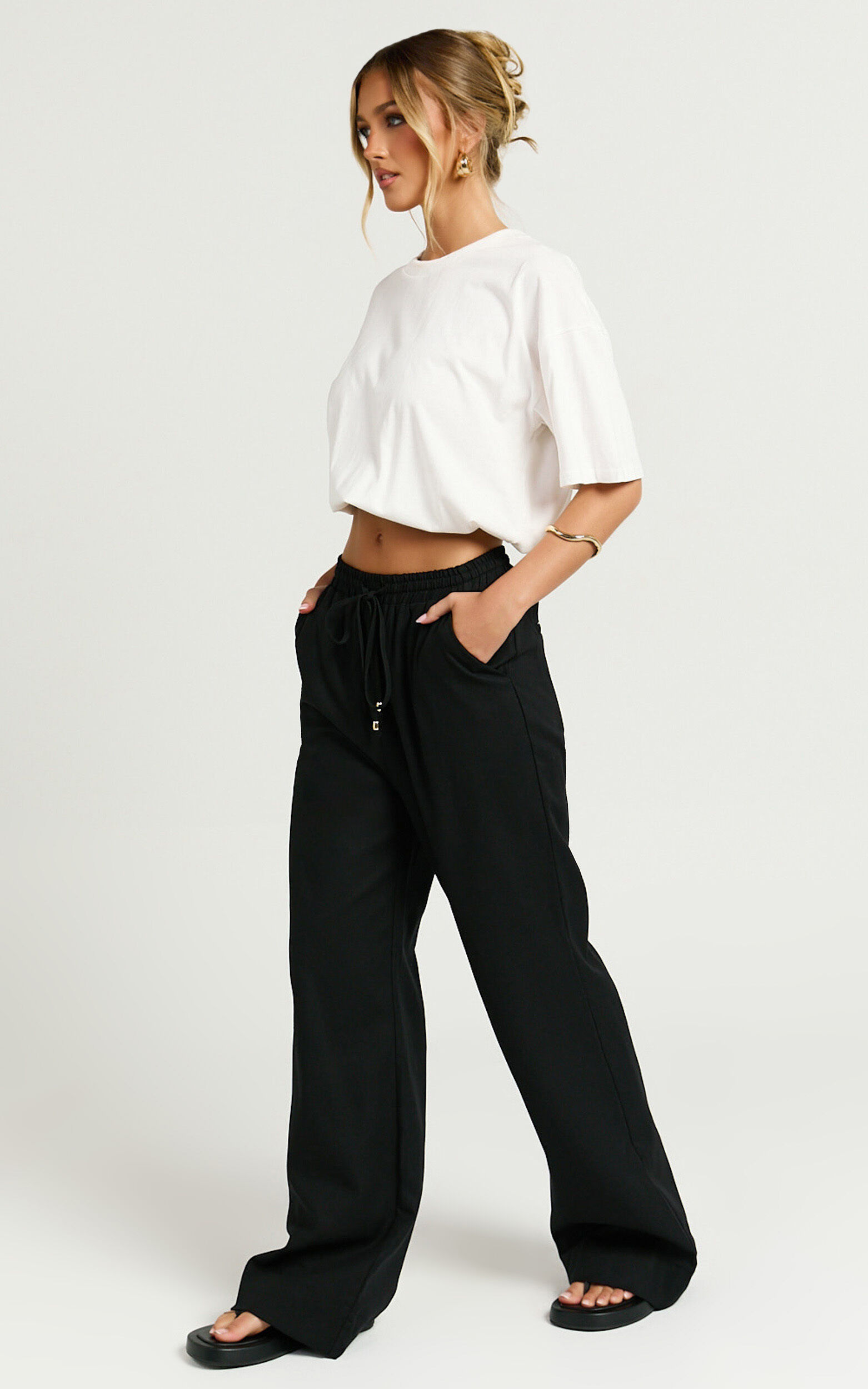 Hamilton Linen Pants - Straight Elasticated Mid Waist Pants in Black