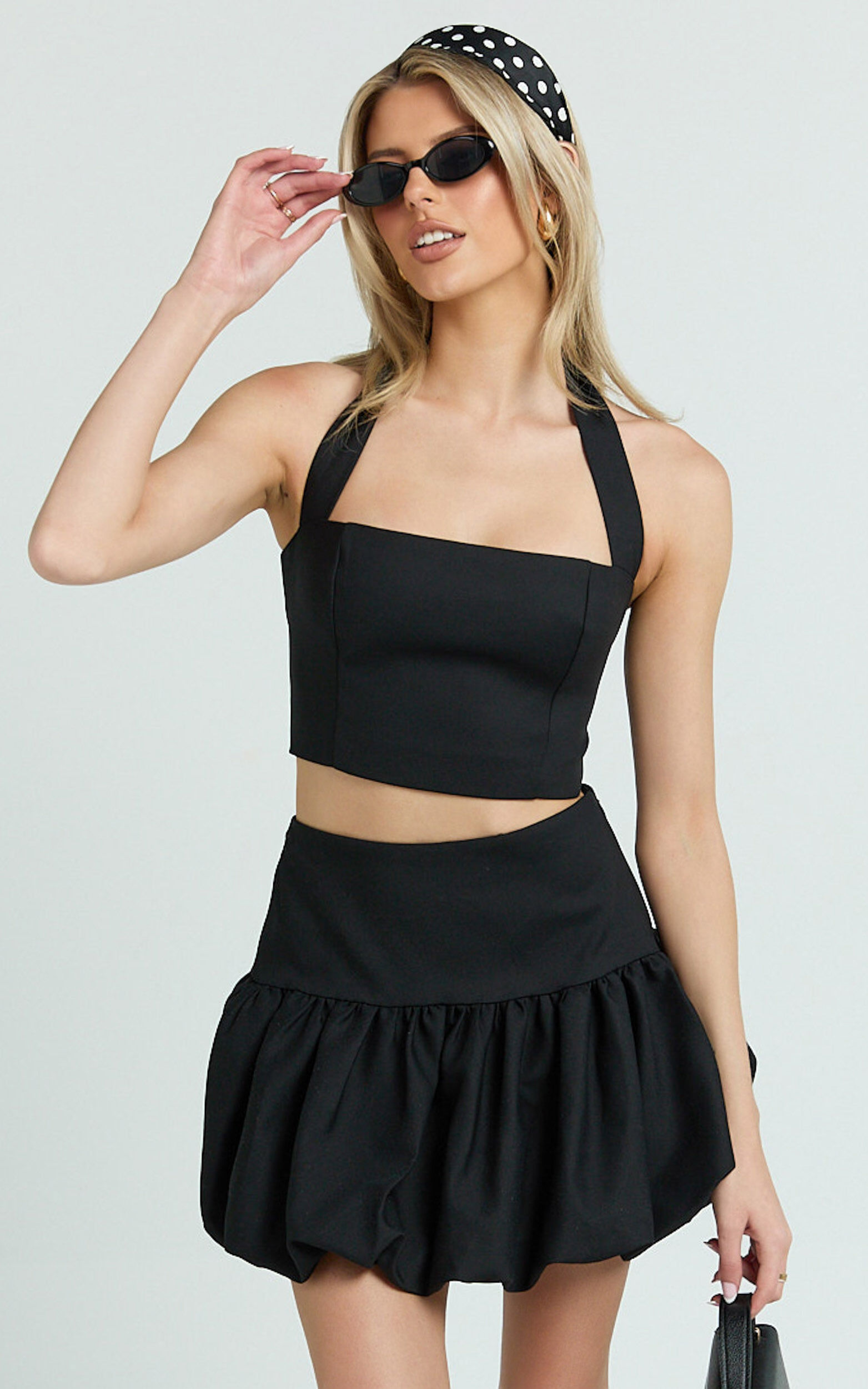 Abellina Mini Skirt - High Waist Bubble Hem Skirt in Black