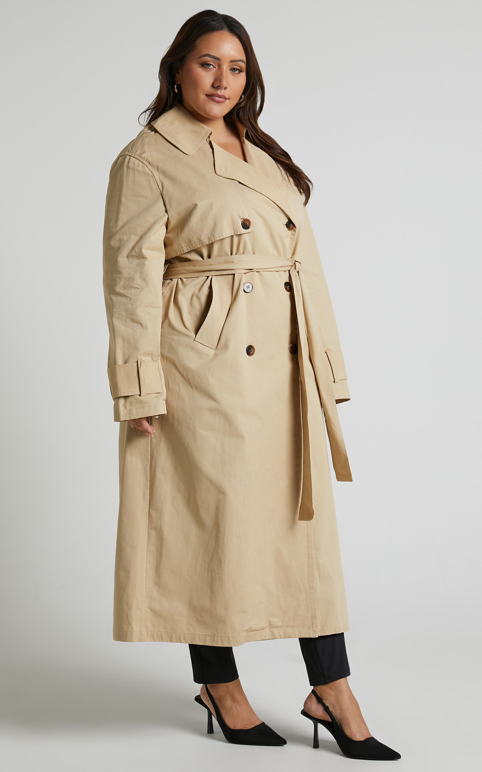 Avah Trench Coat - Double Breasted Tie Waist Coat in Camel
