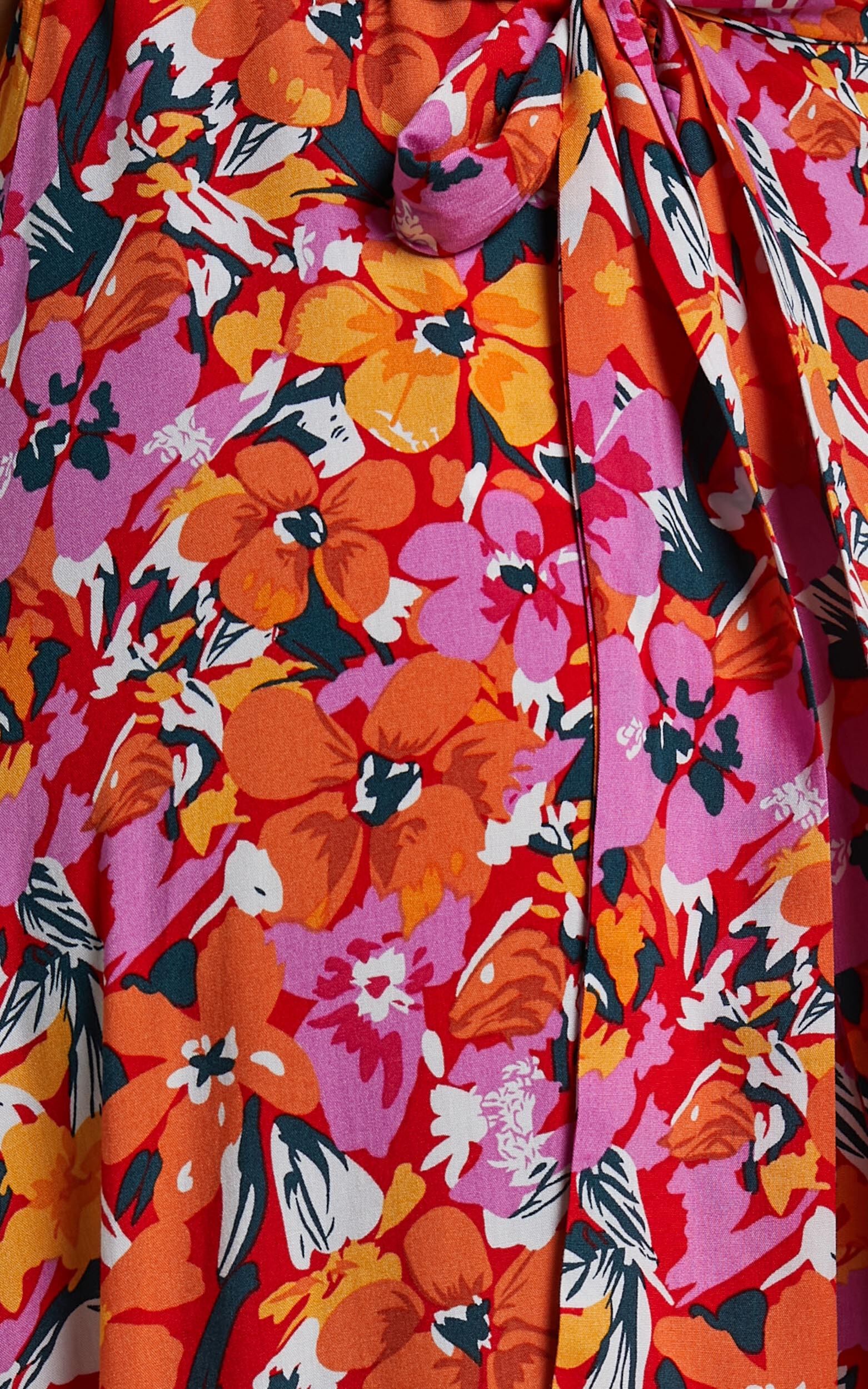 Dyliah Maxi Dress - Thigh Split Frill Shoulder Plunge Neck Dress in Spring Floral