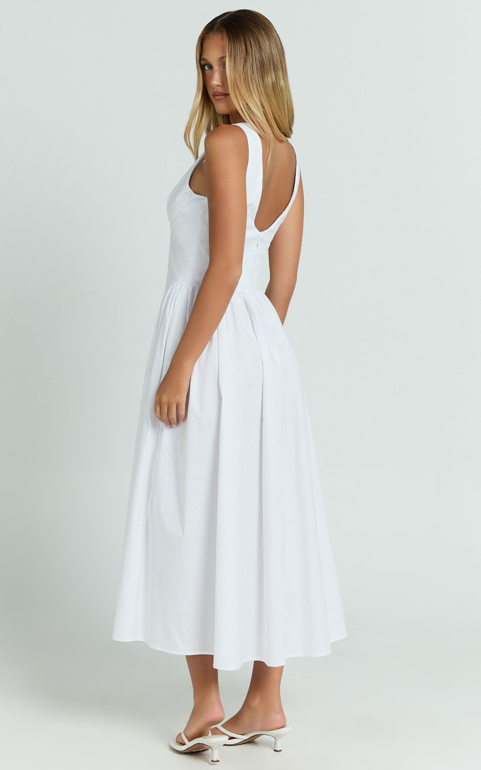 Beckett Midi Dress - Scoop Neck Drop V Waist Gathered Skirt Dress in White