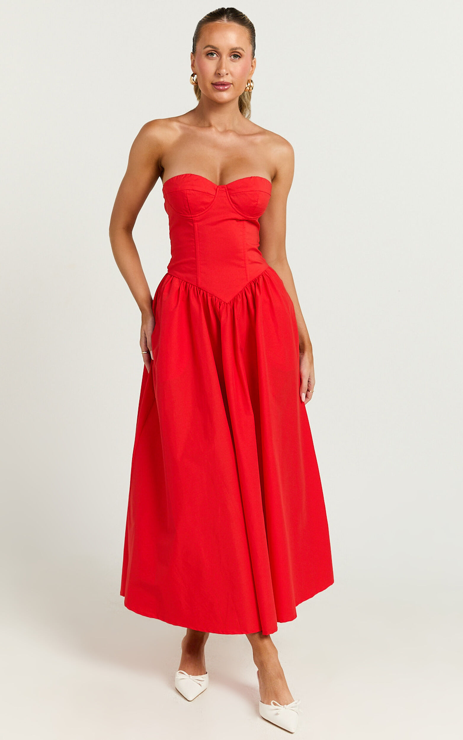 Daria Midi Dress - Strapless Corset Gathered Dress in Red
