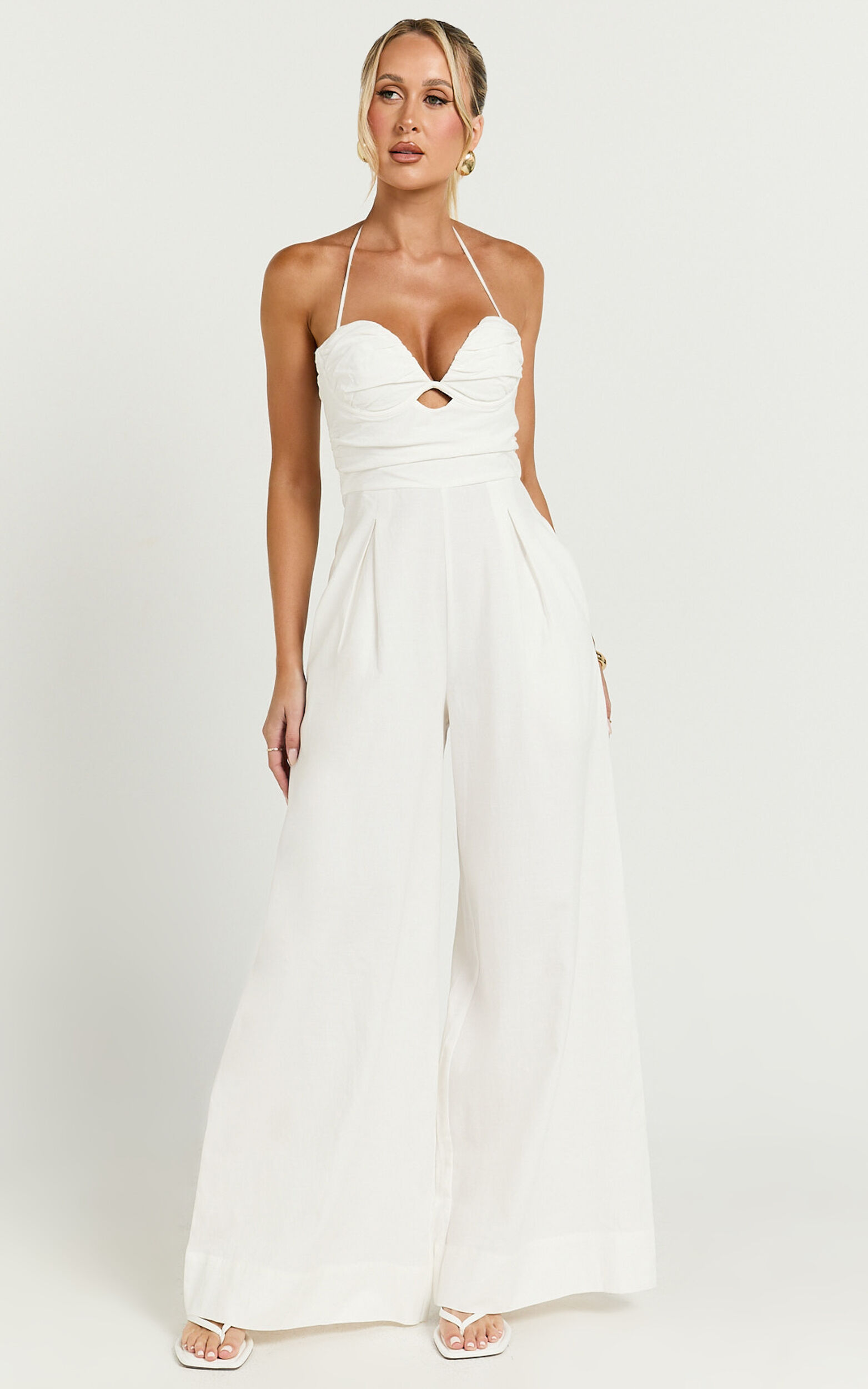 Norah Jumpsuit - Linen Halter Neck Wide Leg Jumpsuit in White
