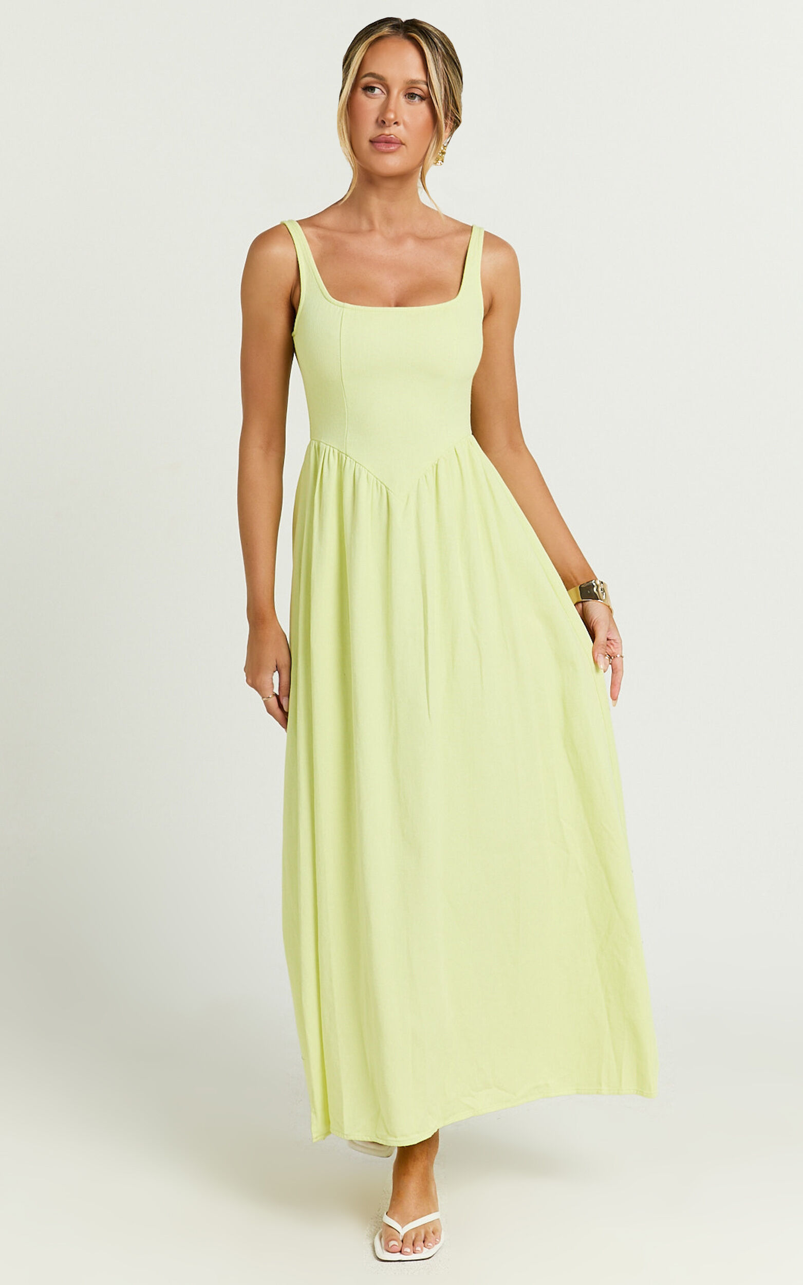 Rhaziya Midi Dress - Sleeveless Straight Neck Fit and Flare Dress in Citrus