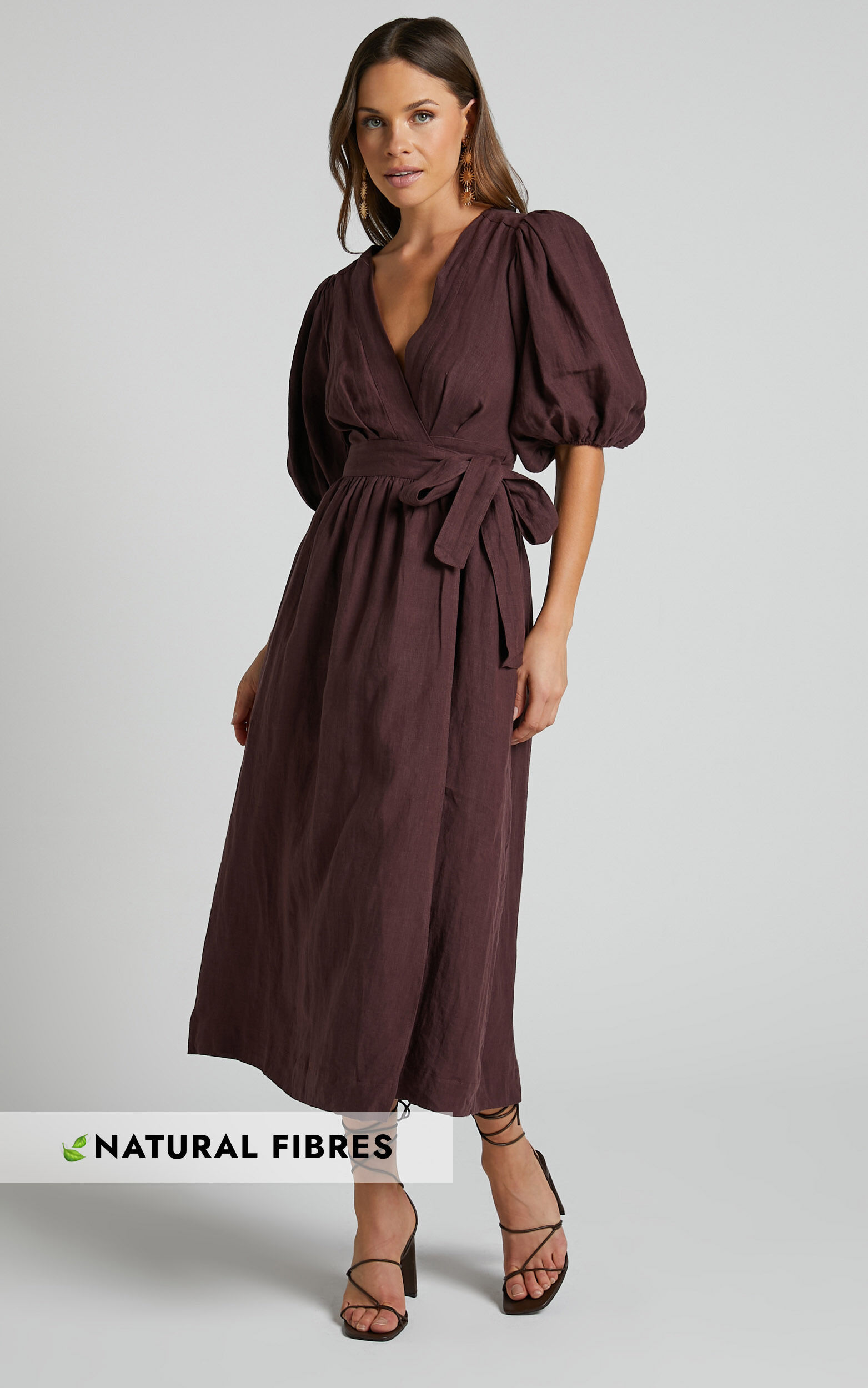 Amalie The Label - Franc Linen Puff Sleeve Wrap Midi Linen Dress in Dark Plum