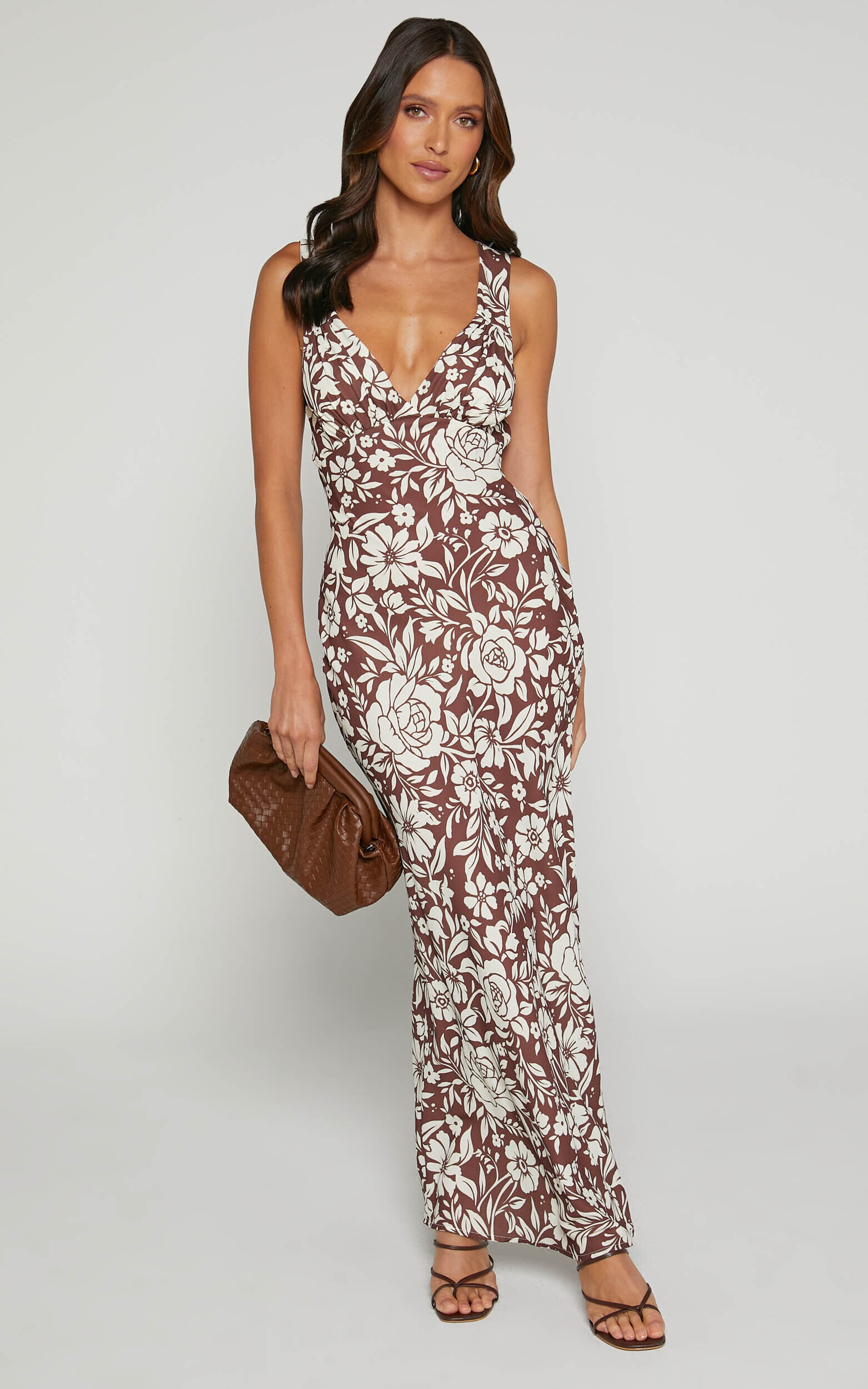 Mauriel Midi Dress - Deep V Gathered Bust Slip Dress in Brown Floral