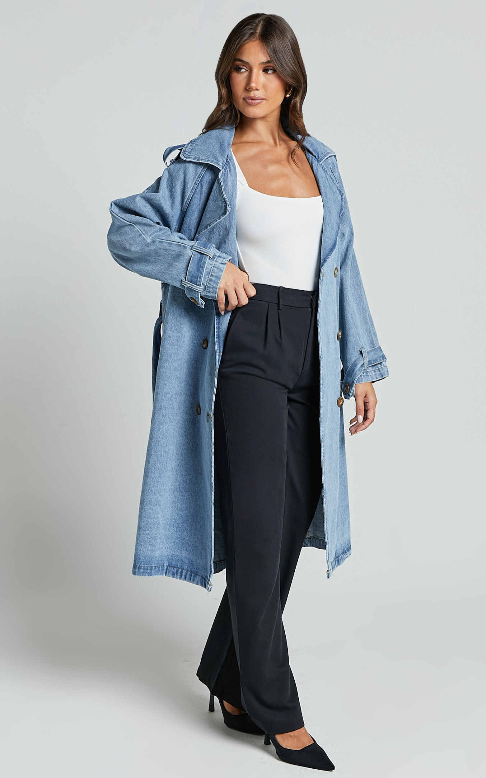 Vinnie Trench Coat - Denim Washed Trench Coat in Mid Blue