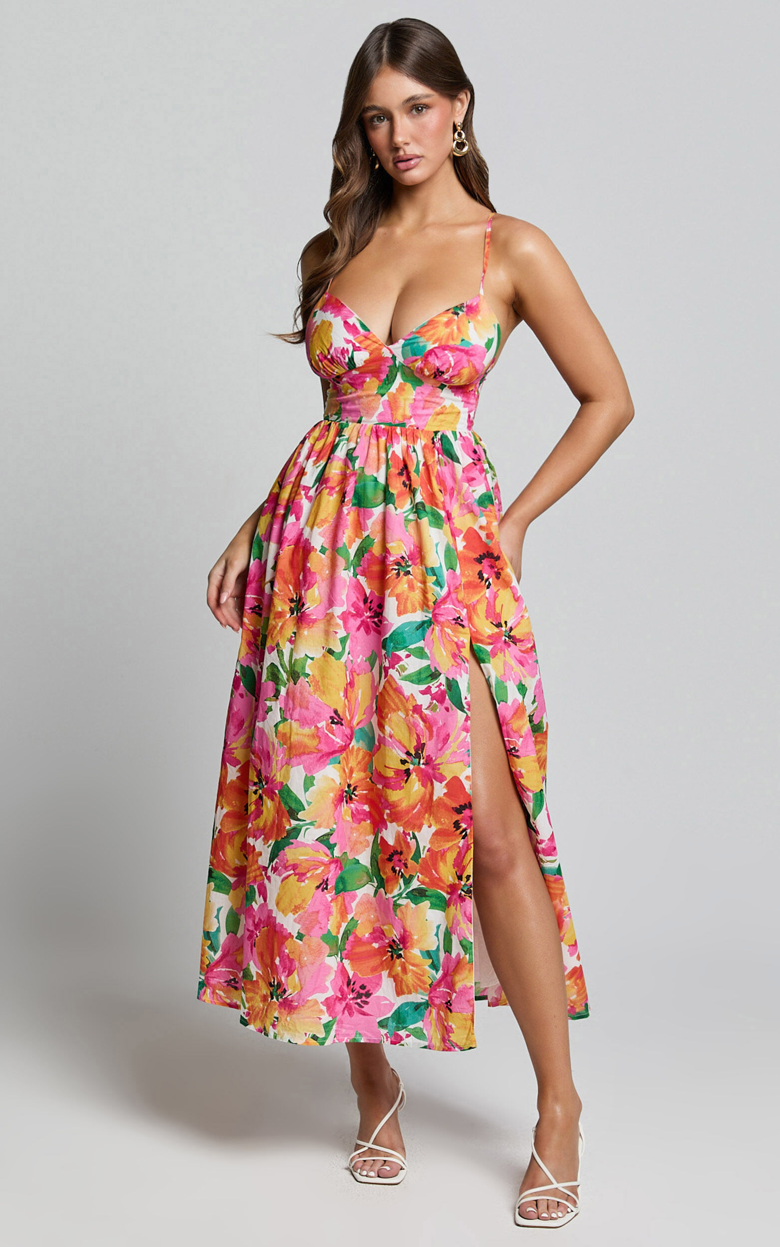 Shairah Midi Dress - Cross Back Gathered Sweetheart Dress in Bloom
