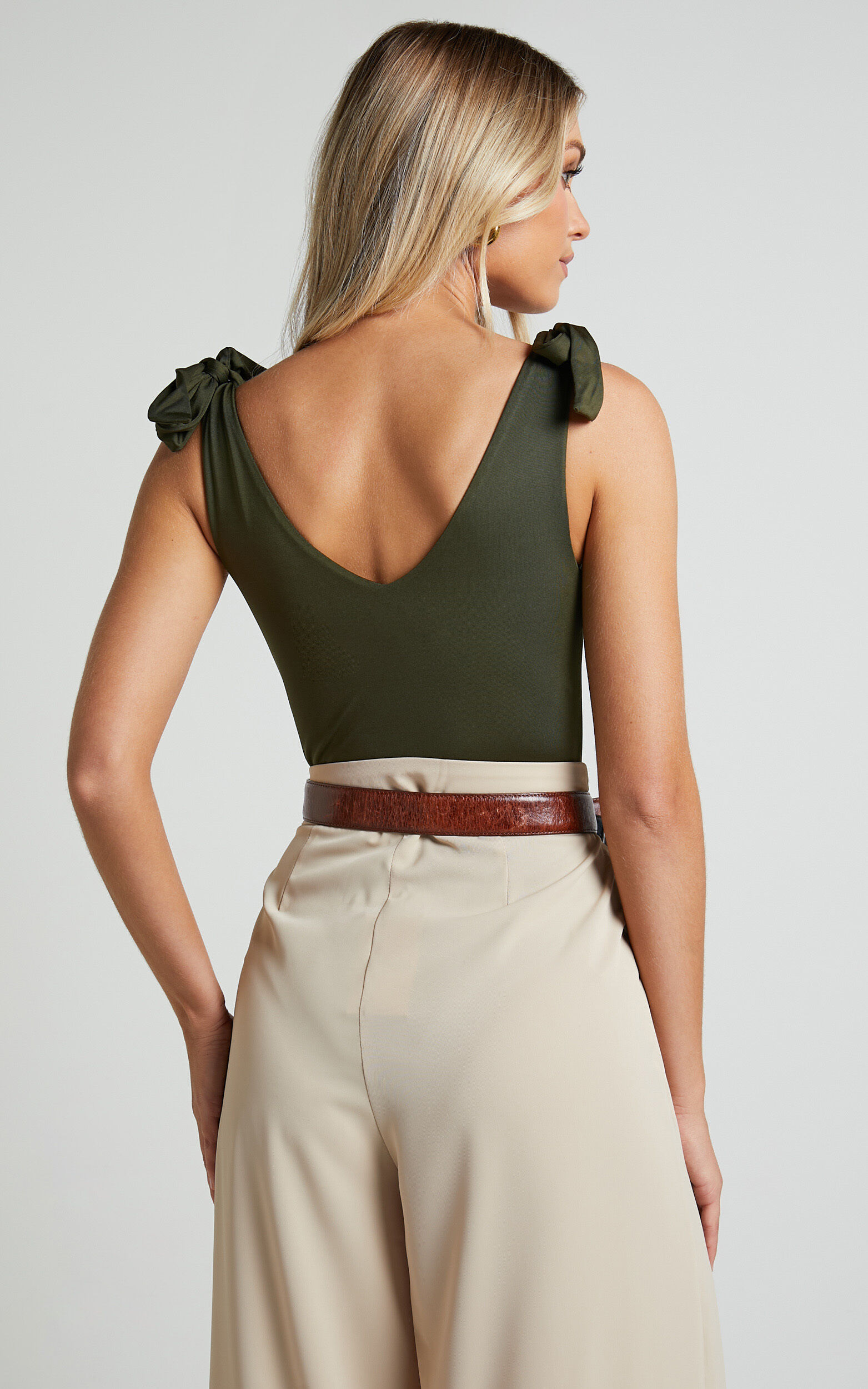 Ryley Bodysuit - V Neck Tie Up Bodysuit in Olive