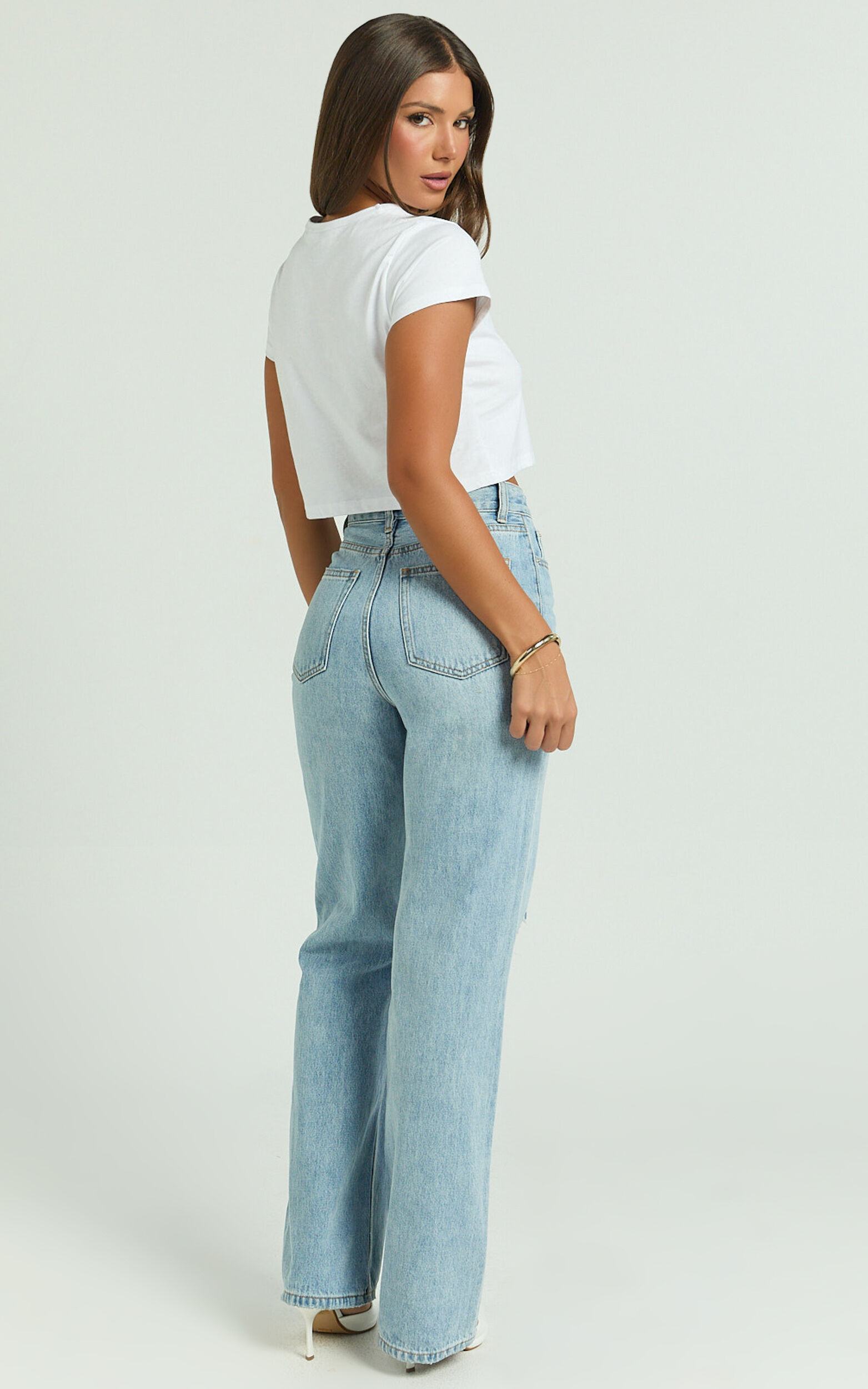 Miho Jeans - High Waisted Recycled Cotton Distressed Straight Leg Denim Jeans in Mid Blue Wash