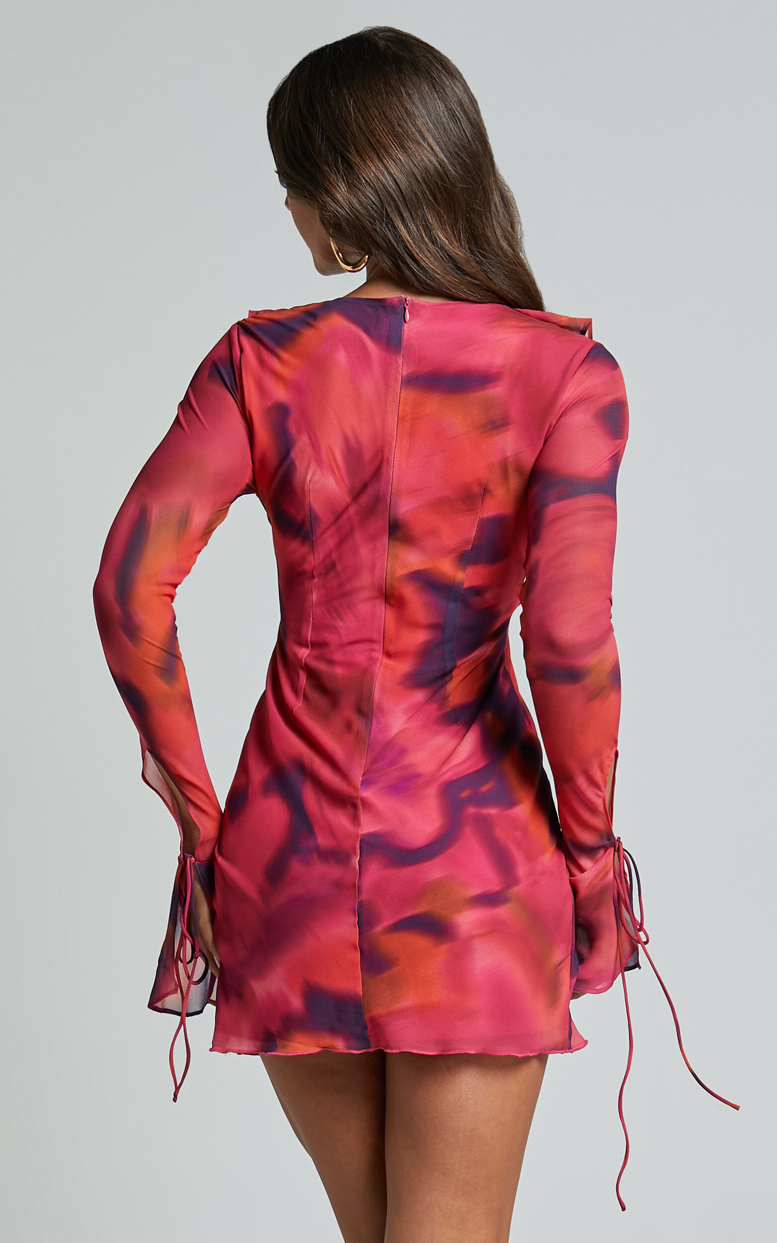 Alesya Mini Dress - Ruffle Plunge Neck Long Sleeve Tie Detail Dress in Adeana Print