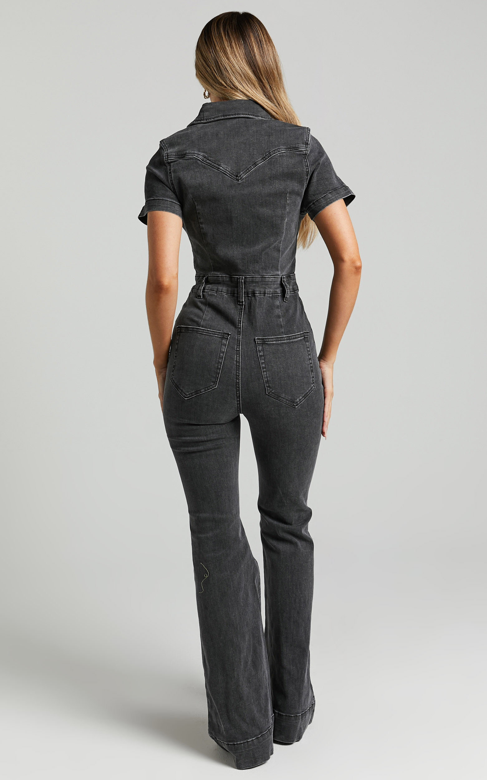 Silvena Jumpsuit - Short Sleeve Flared Denim Jumpsuit in Black Wash