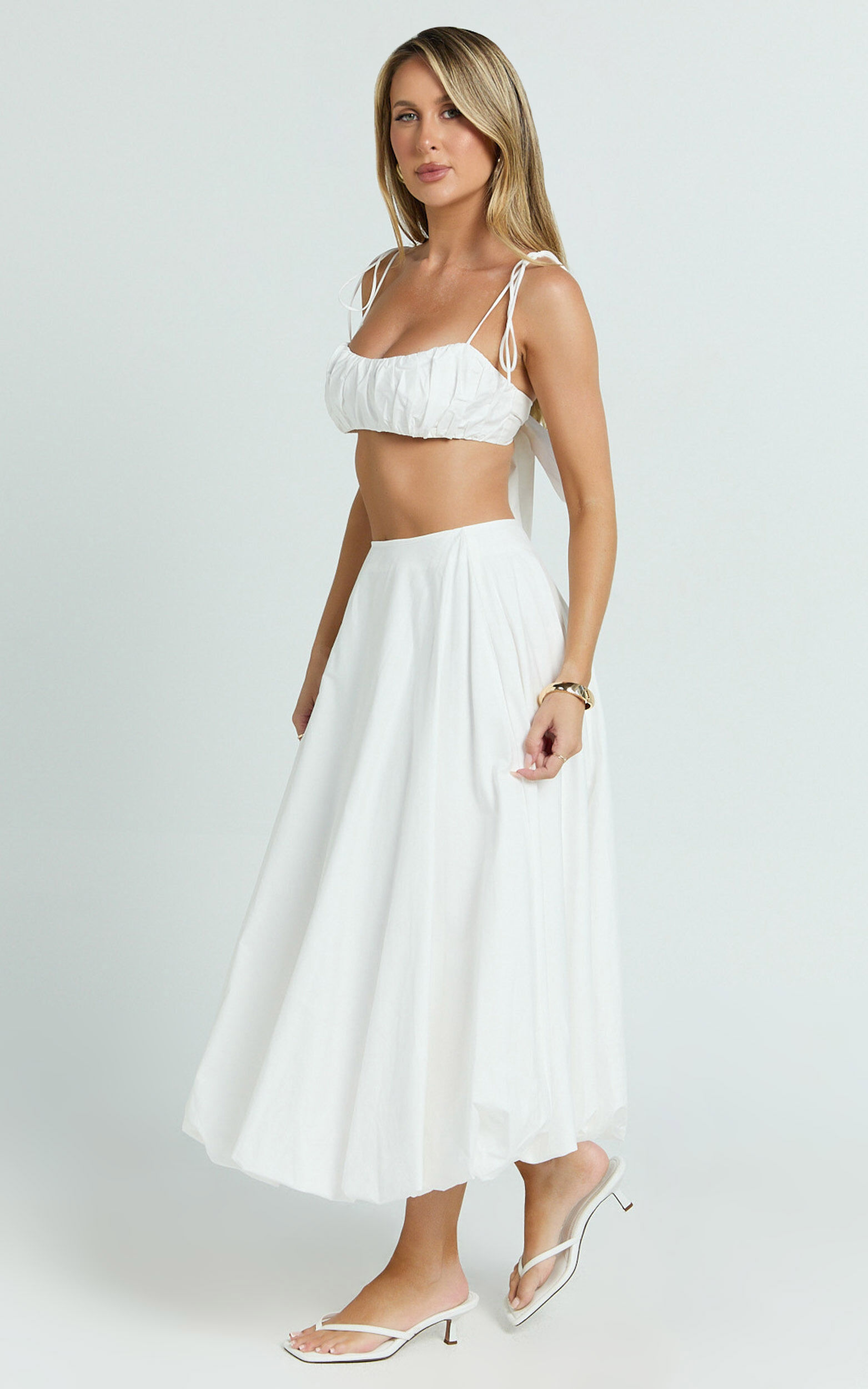 Sanders Two Piece Set - Ruche Strappy Square Neck Top And Bubble Hem Skirt in Off White