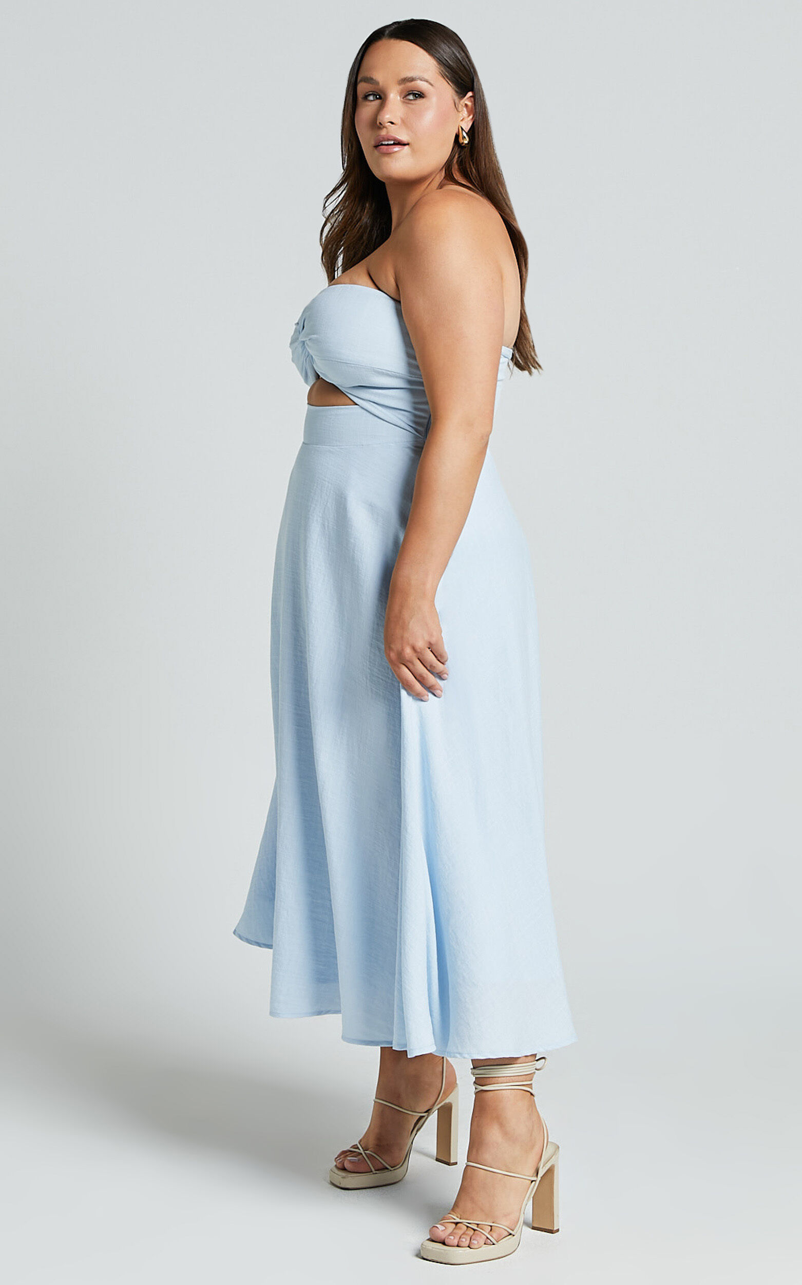 Avie Midi Dress - Twist Strapless Cocktail Dress in Ice Blue