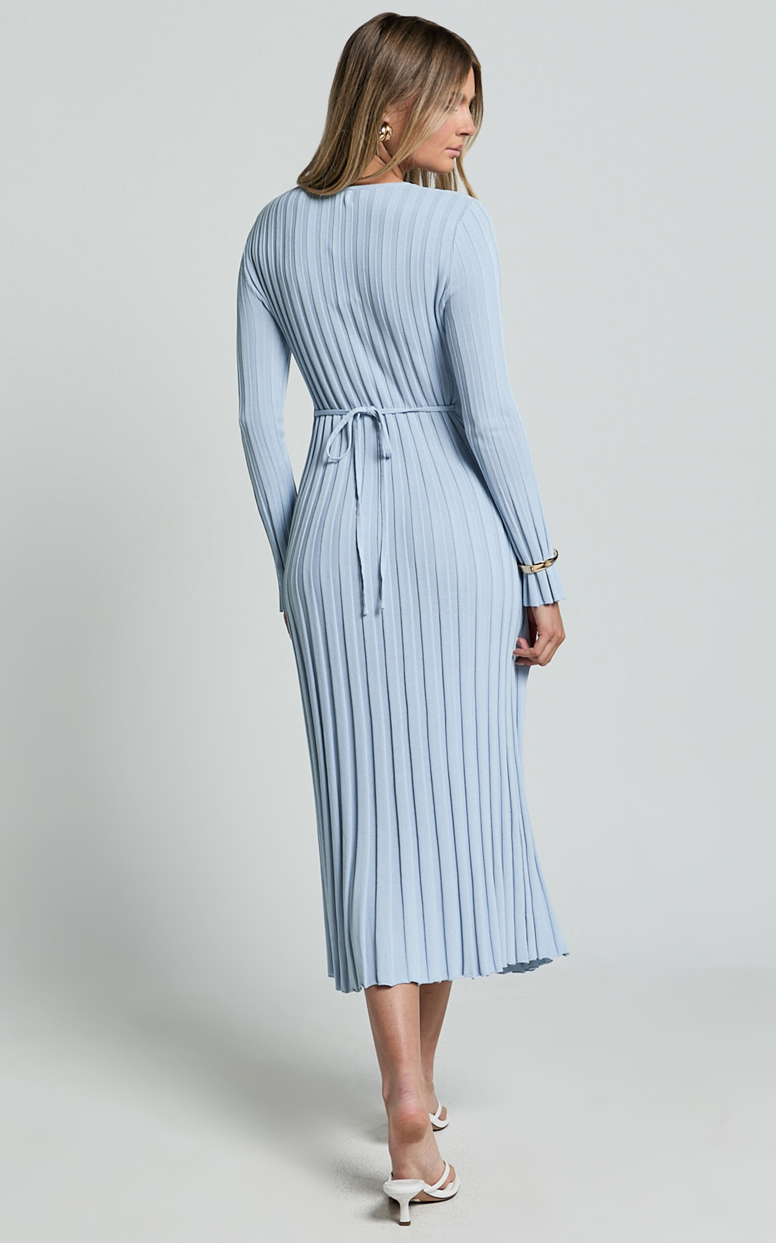 Blaire Midi Dress - Long Sleeve Tie Back Flare Dress in Blue