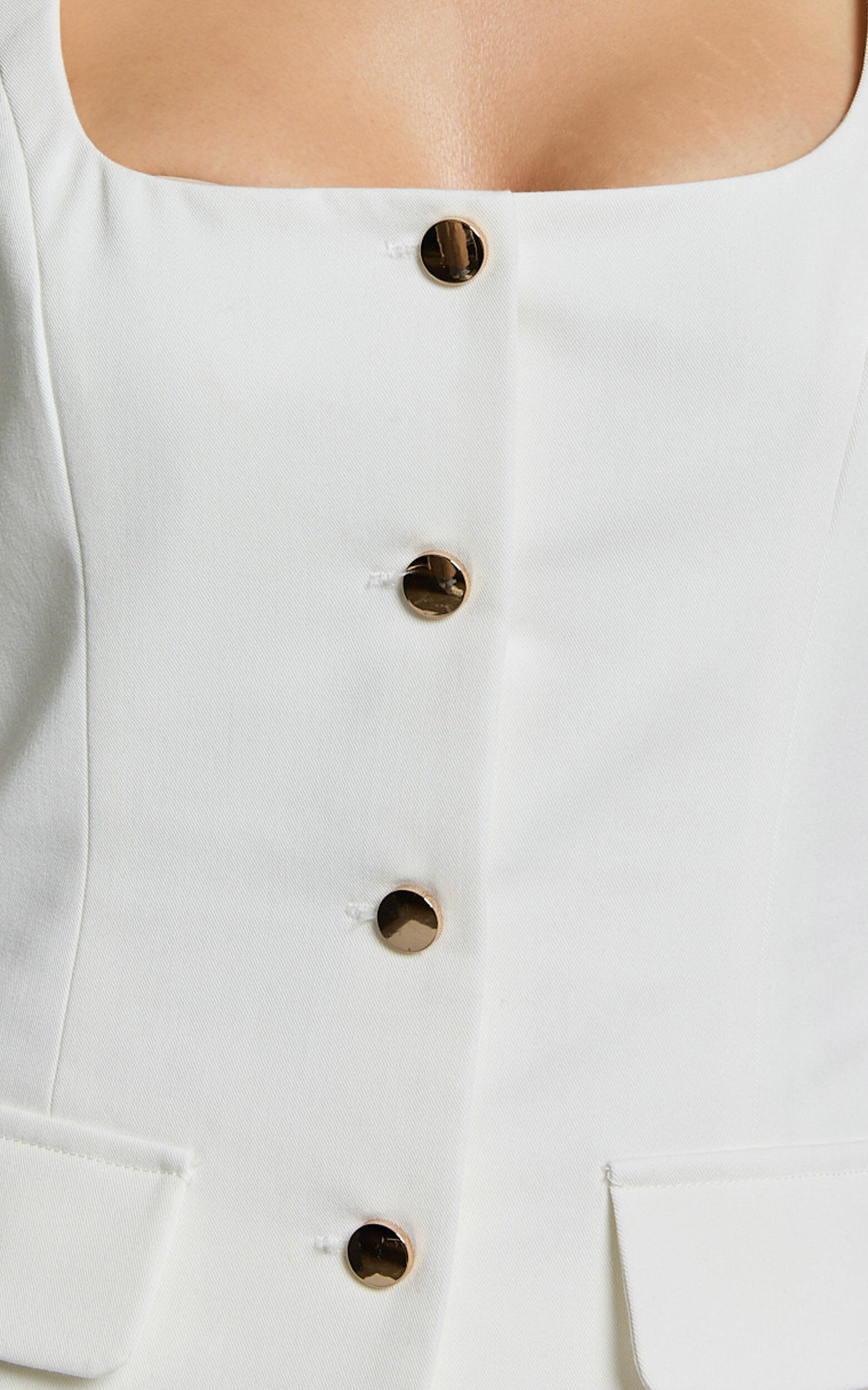 Phyllis Two Piece Set - Tailored Scoop Neck Vest Top and A Line Mini Skirt Set in White