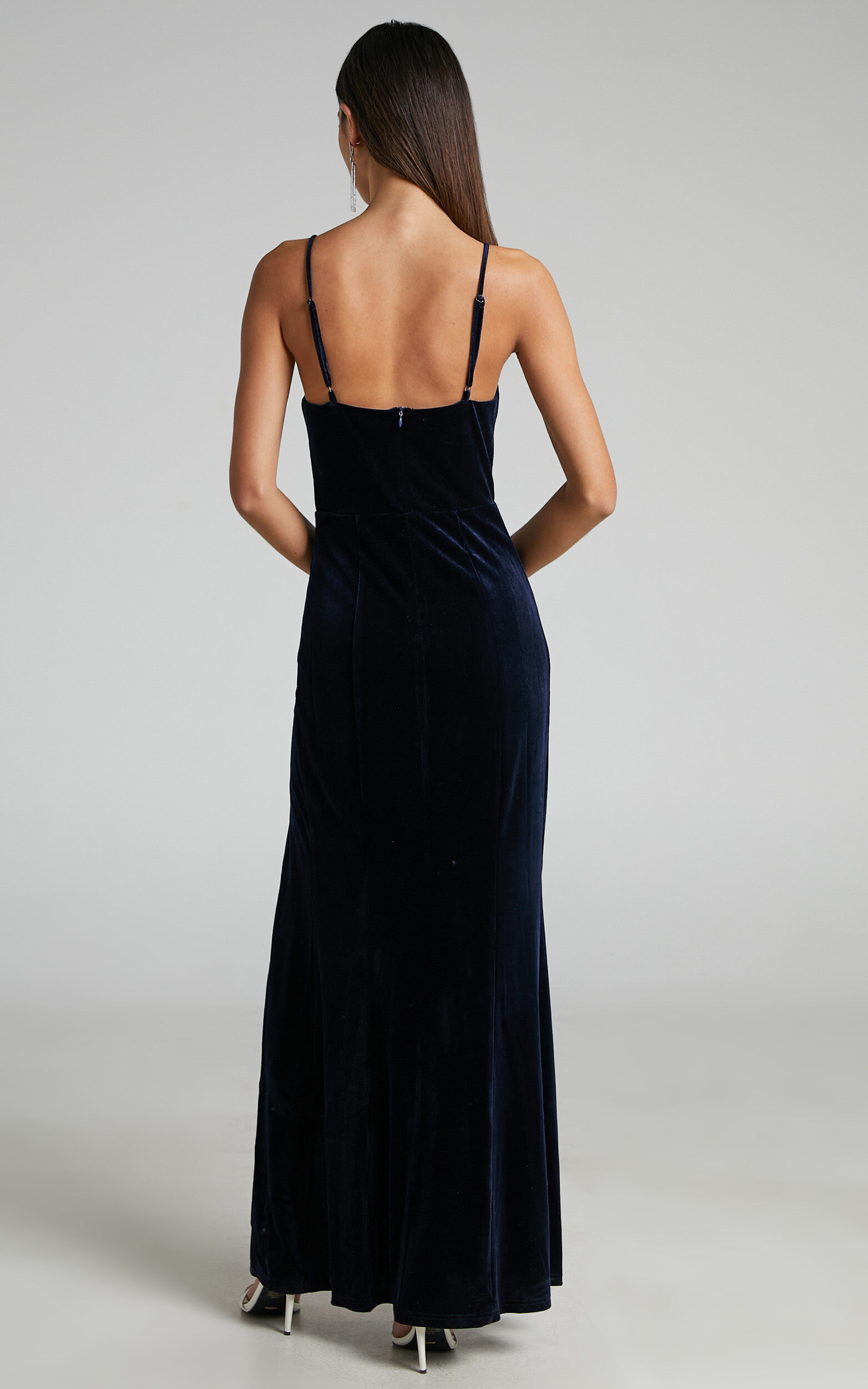 Diamona Midi Dress - Velvet Thigh Split V Neck Dress in Navy
