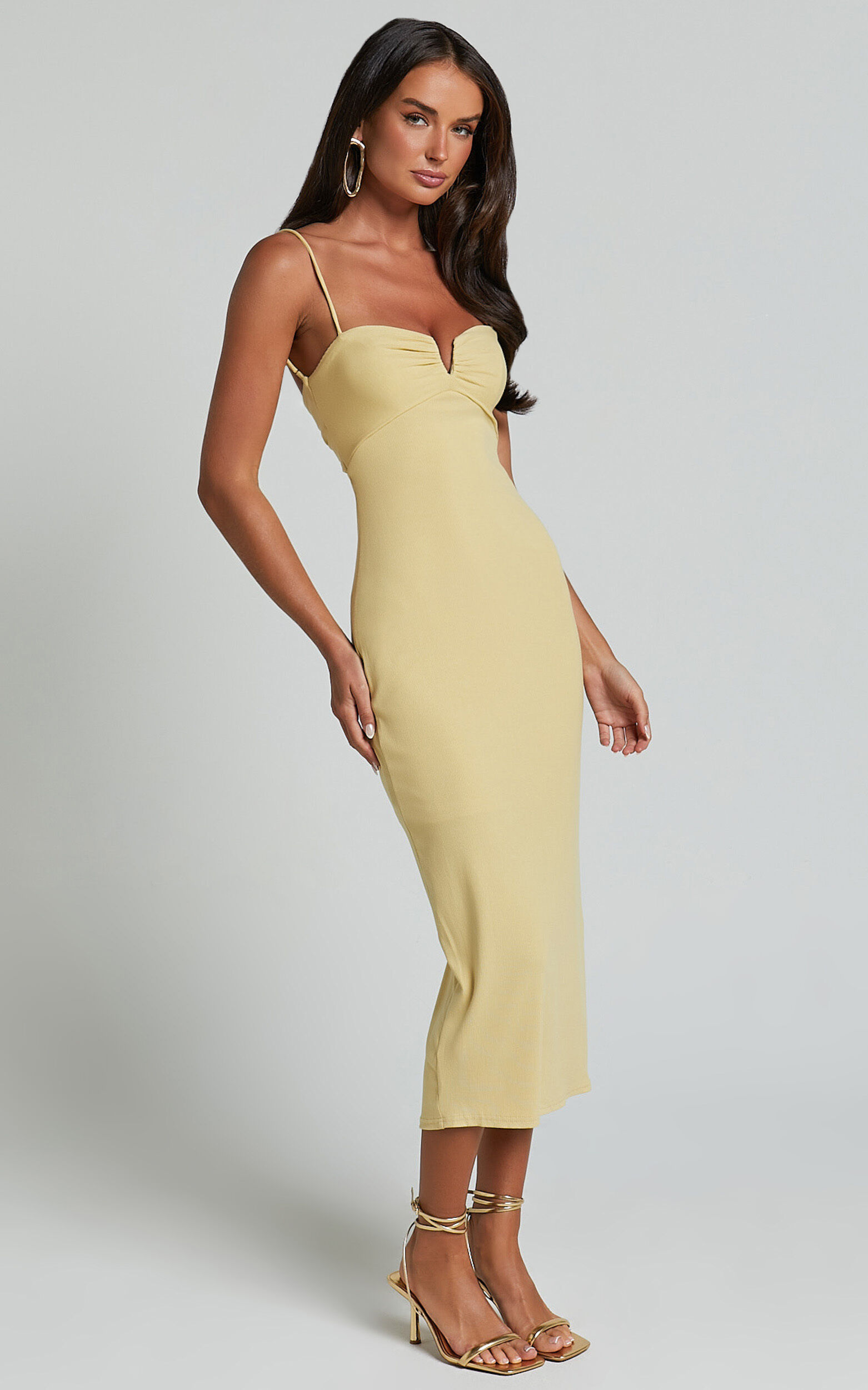 Ariella Midi Dress - Strappy Cut Out Back Split Dress in Lemon