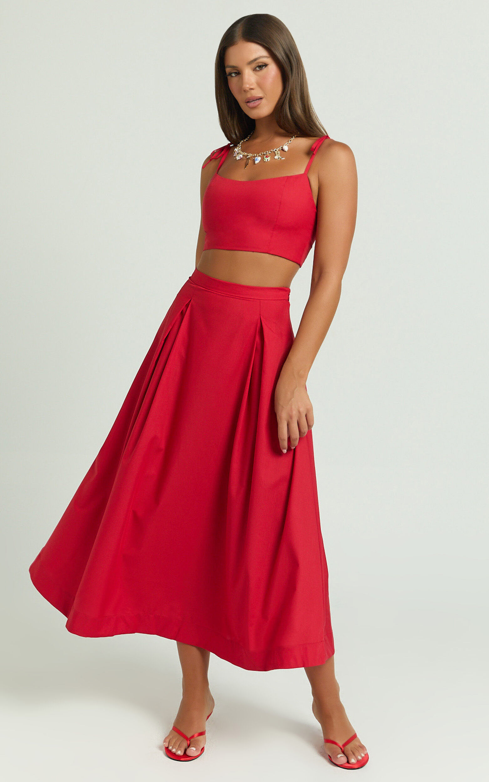 Rosalee Two Piece Set - Strappy Crop Top and High Waisted A Line Midi Skirt Set in Red