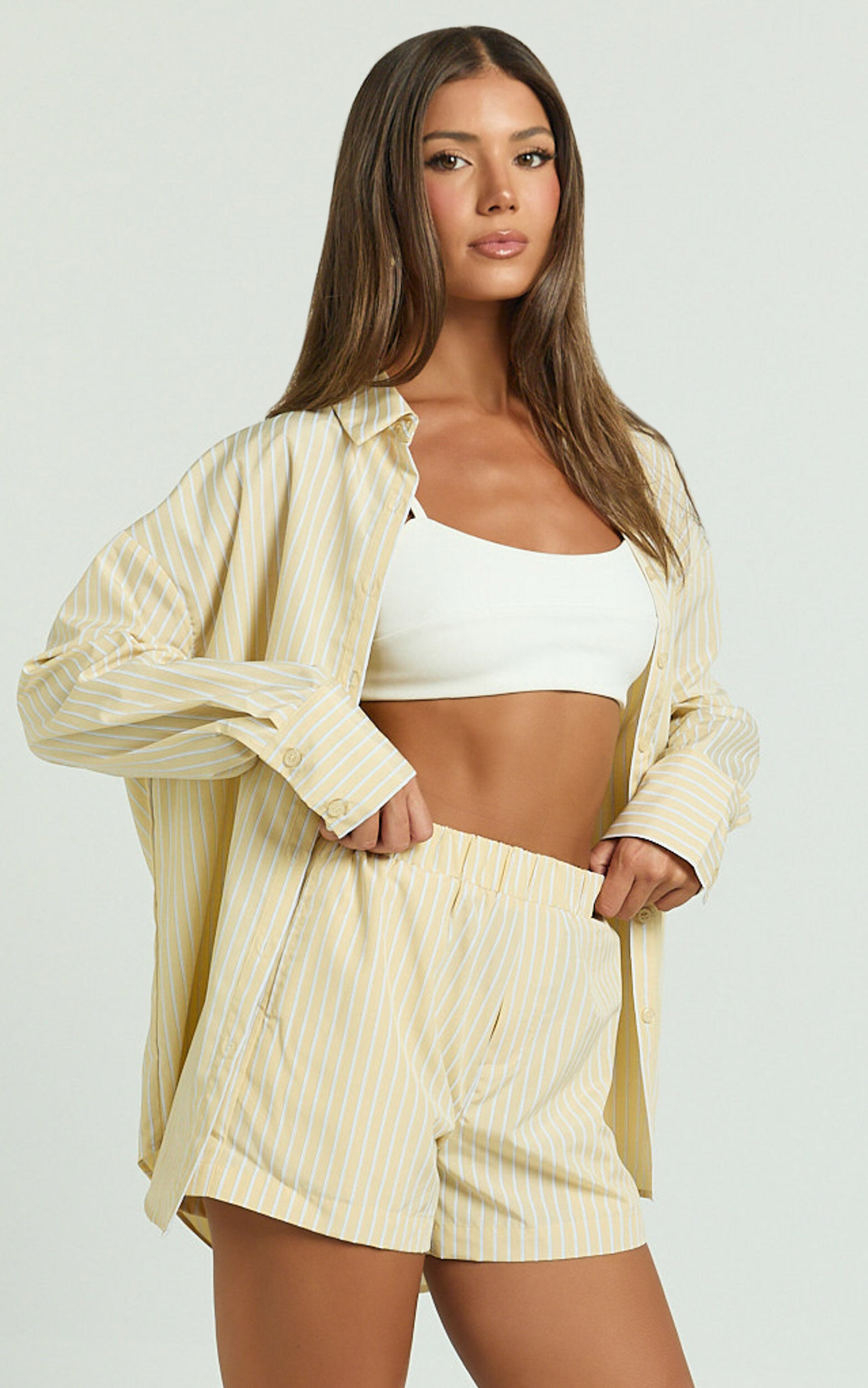 Chaemay Shorts - High Waisted A-Line Boxer Shorts in Lemon Stripe