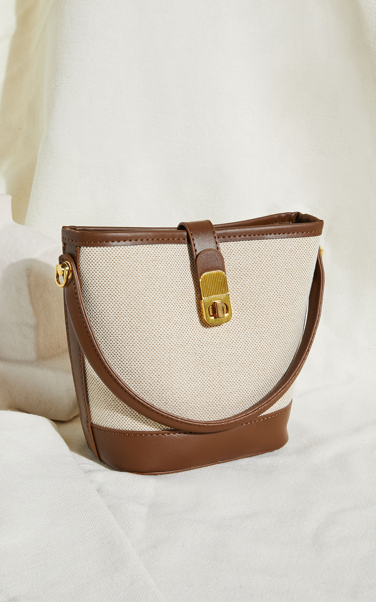 Mumbai Bag - Canvas & PU Bucket Mini Tote Bag in Tan/Natural