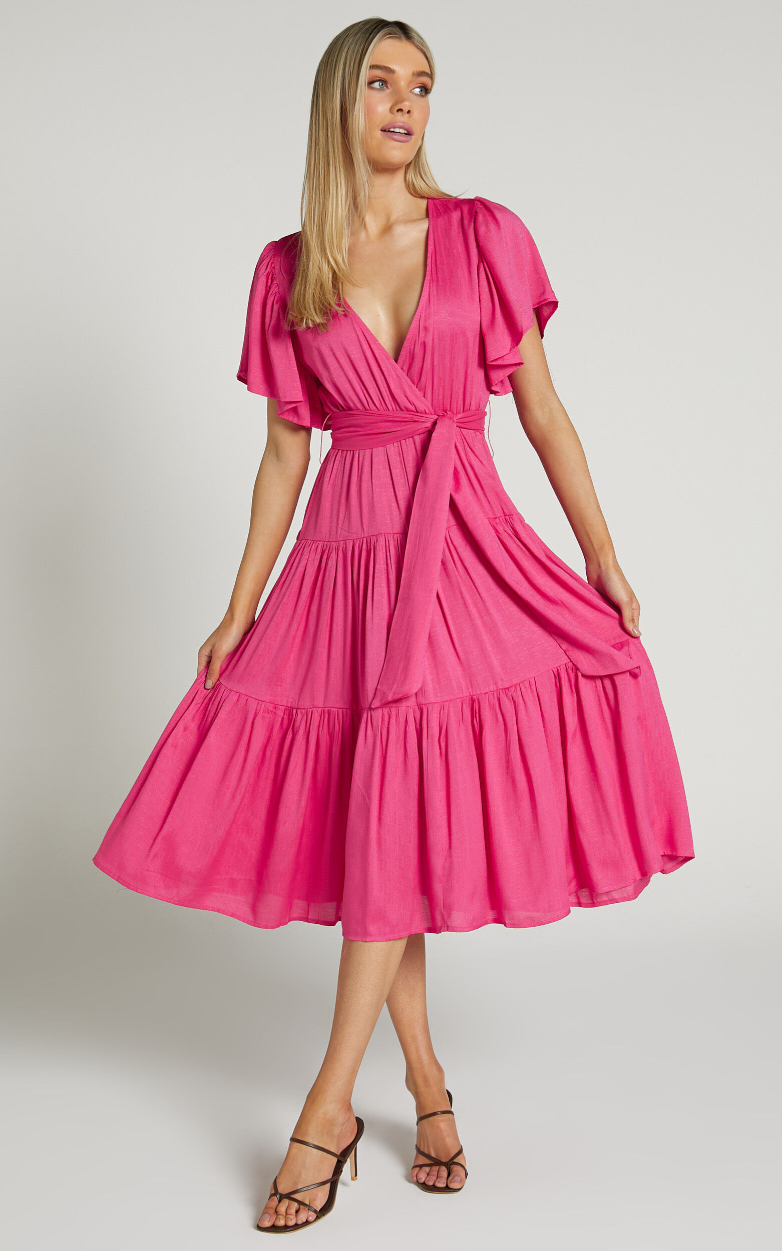 Marielle Midi Dress - Wrap Bodice Tiered Belted Dress in Pink