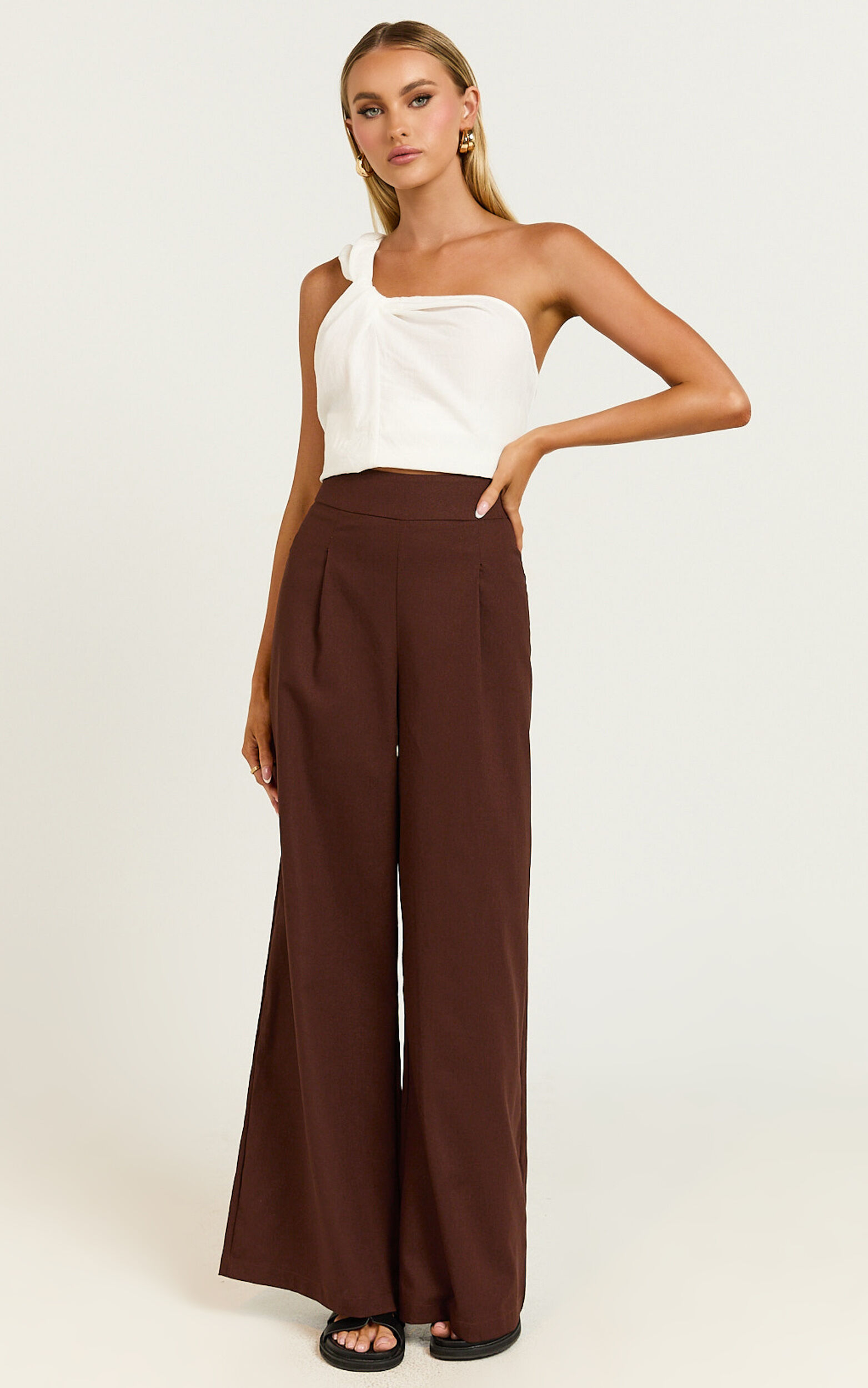 Alina Pants - Linen High Waisted Wide Leg Relaxed Pants in Chocolate