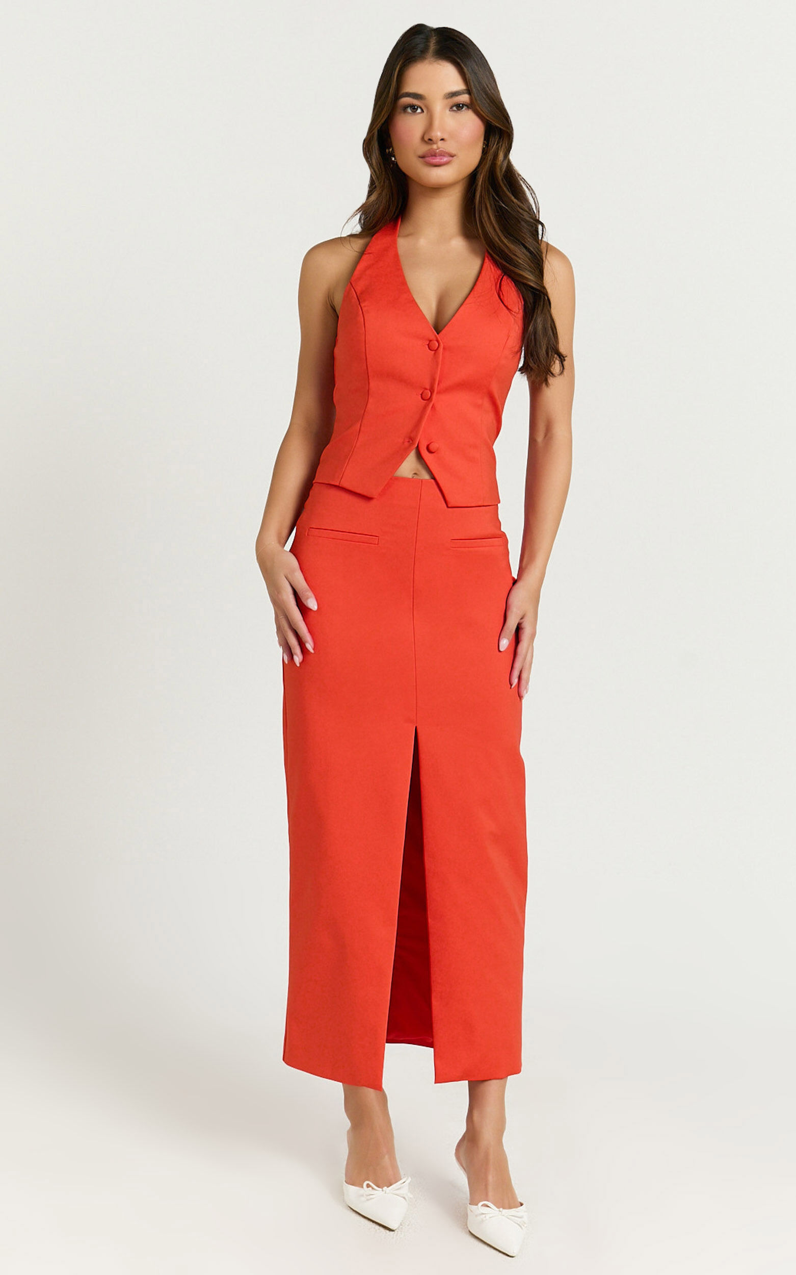 Kai Midi Skirt - Mid Waisted Front Split Fitted Skirt in Orange