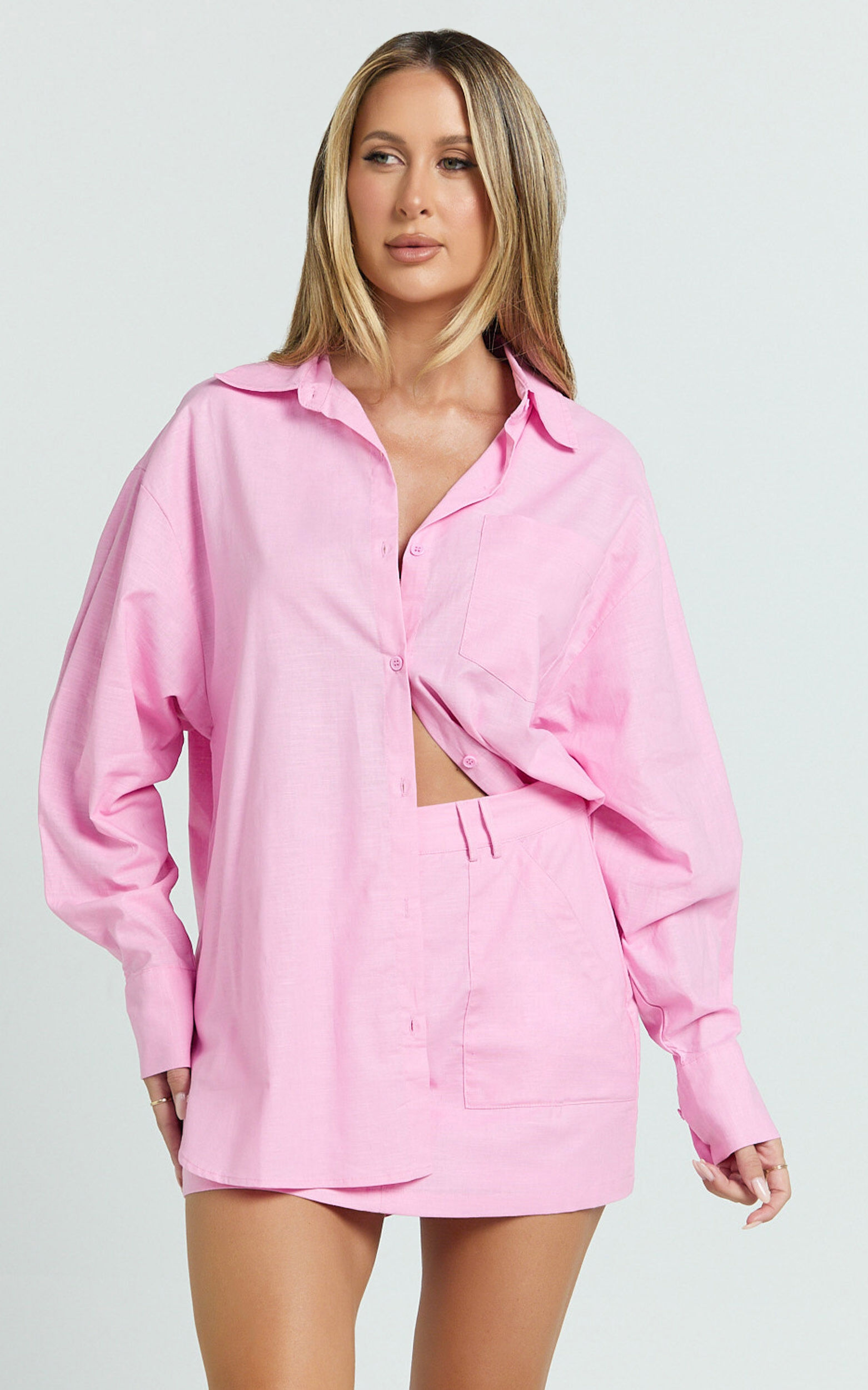 Anziel Top - Oversized Long Sleeve Linen Blend Shirt in Pale Pink