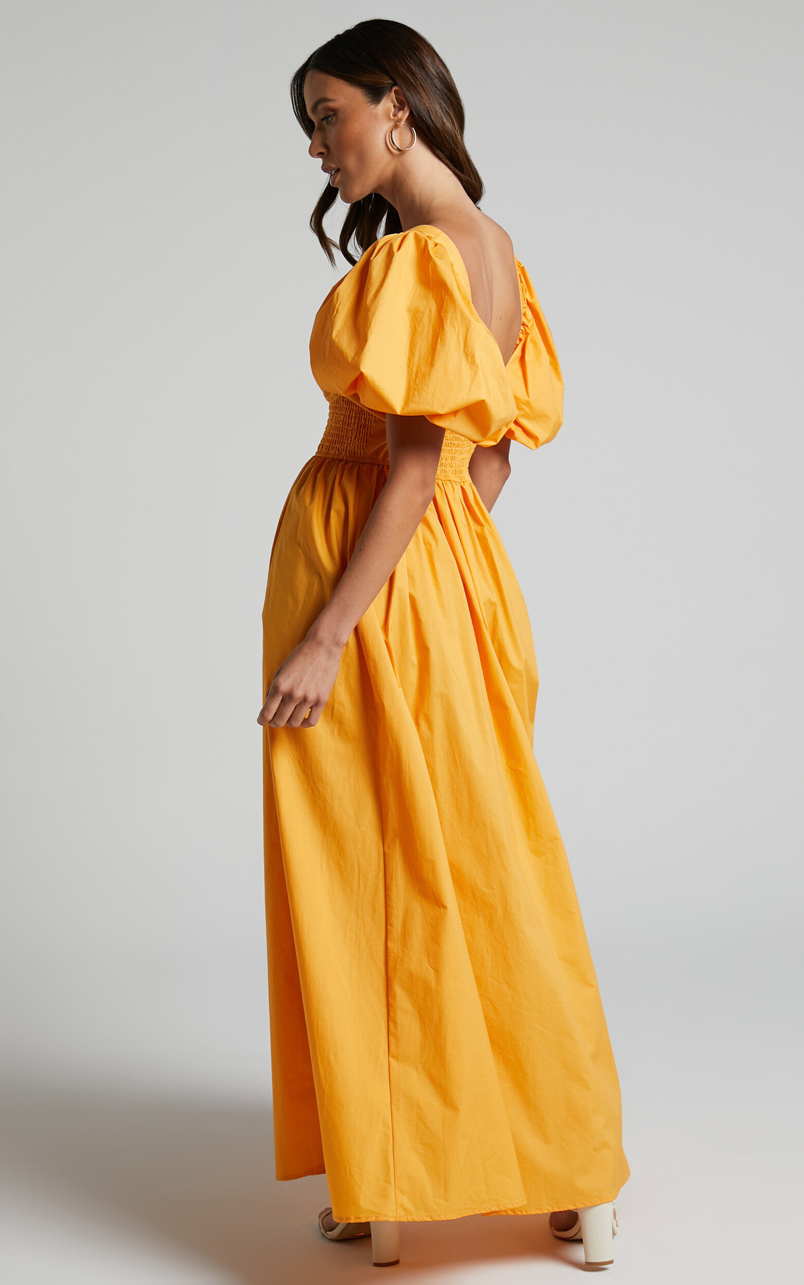 Raiza Midi Dress - Shirred Waist Puff Sleeve Dress in MARIGOLD