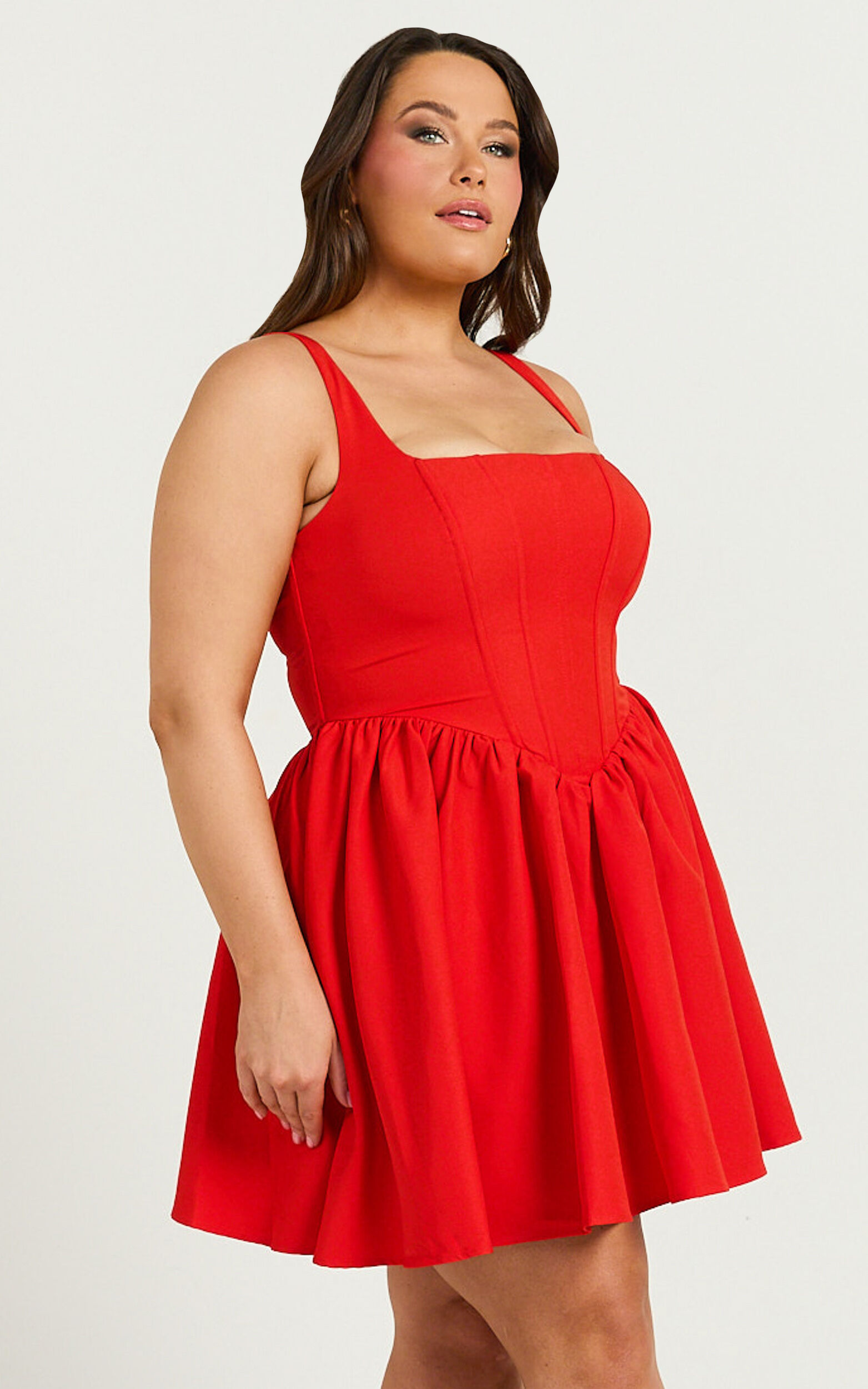 Aimee Mini Dress - Scoop Neck Corset Gathered Dress in Red