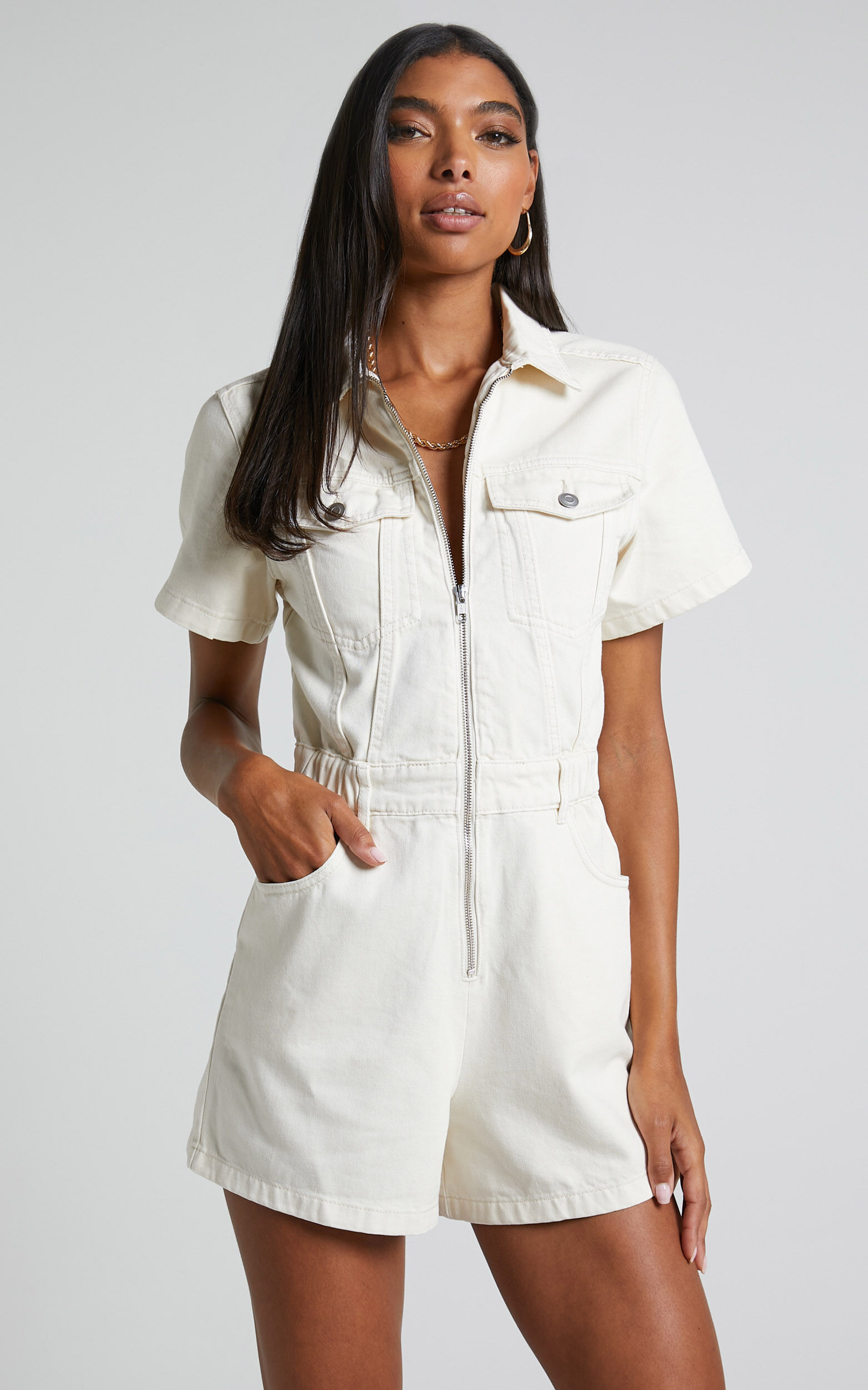 Mauriel Playsuit - Recycled Cotton Utility Playsuit in Ecru