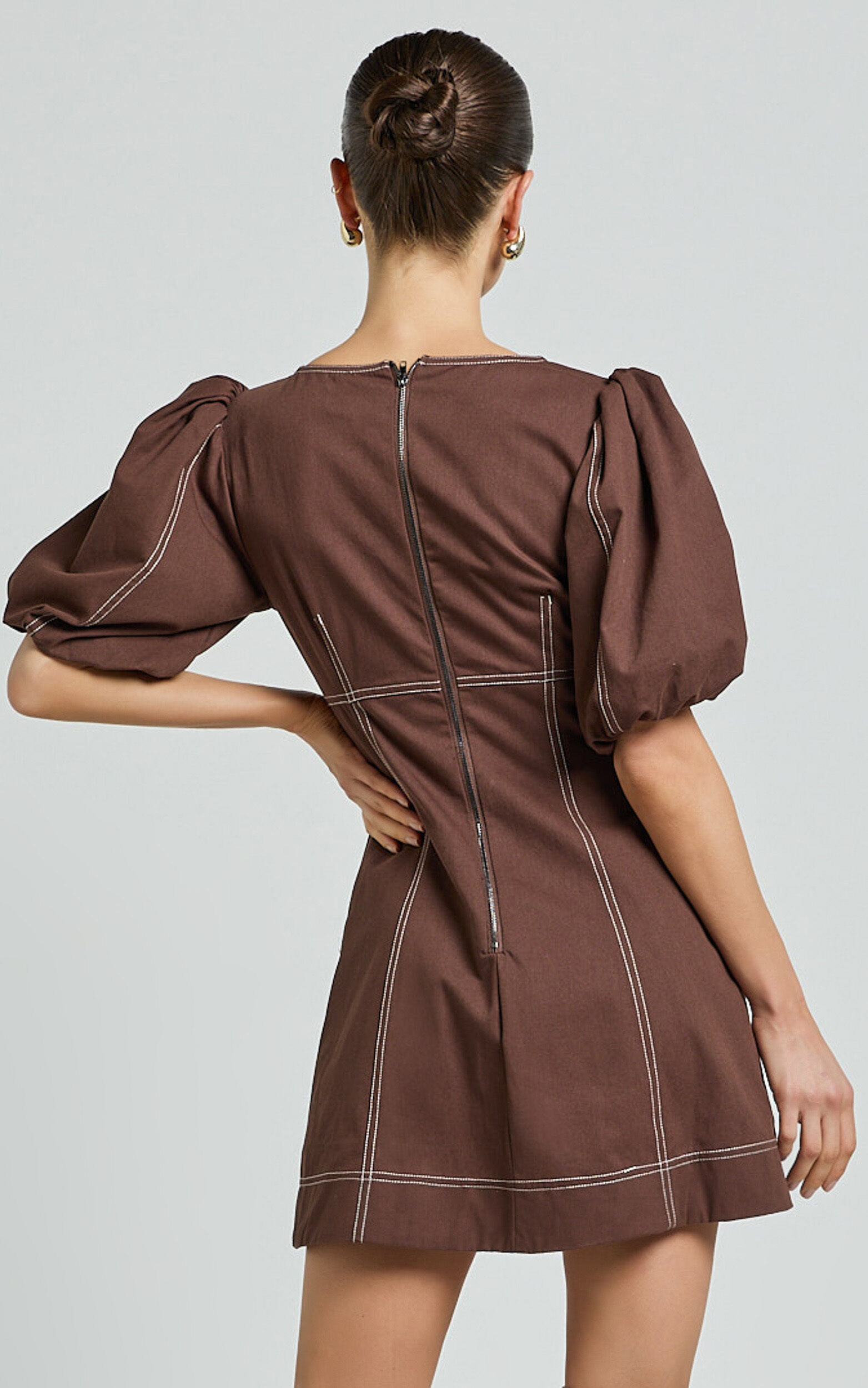 Tallie Mini Dress - Linen Puff Sleeve A Line Dress in Chocolate