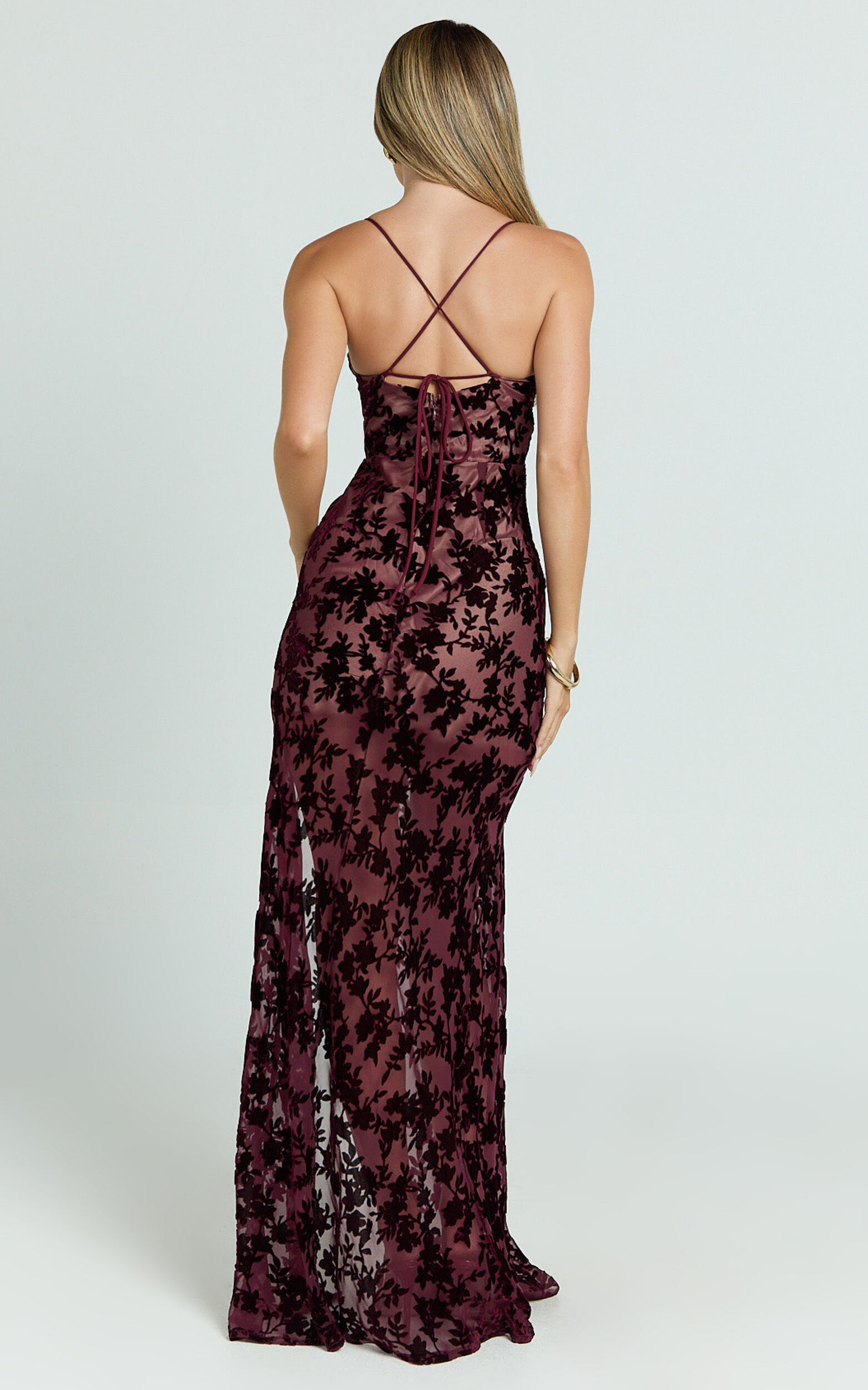 Violeta Maxi Dress - Corset Front Burnout Dress in Wine