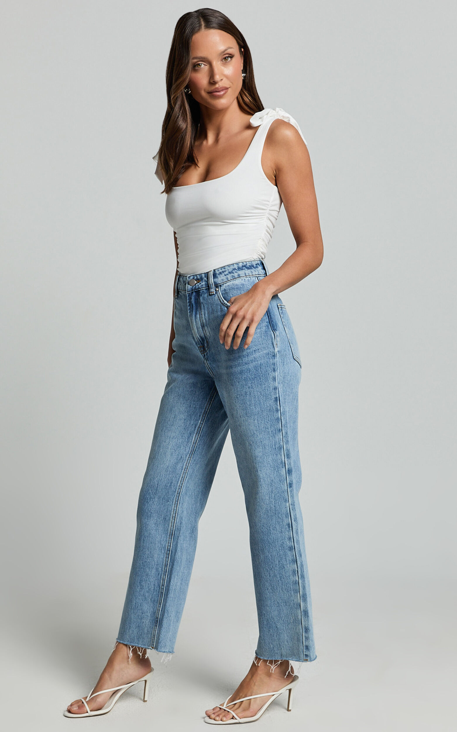 Imelda Jeans - Mid Waist Frayed Hem Recycled Denim Crop Straight Leg Jeans in Mid Blue Wash